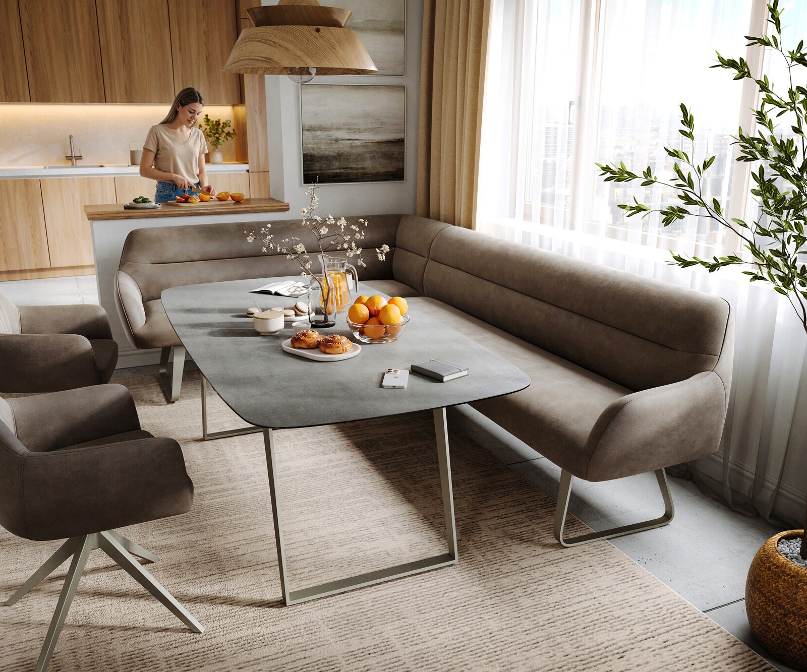 Esszimmerbank Taya-Flex 285x190 cm Mikrofaser Taupe Vintage Kufengestell flach Effektfinish Titan Taschenfederkern Rechts