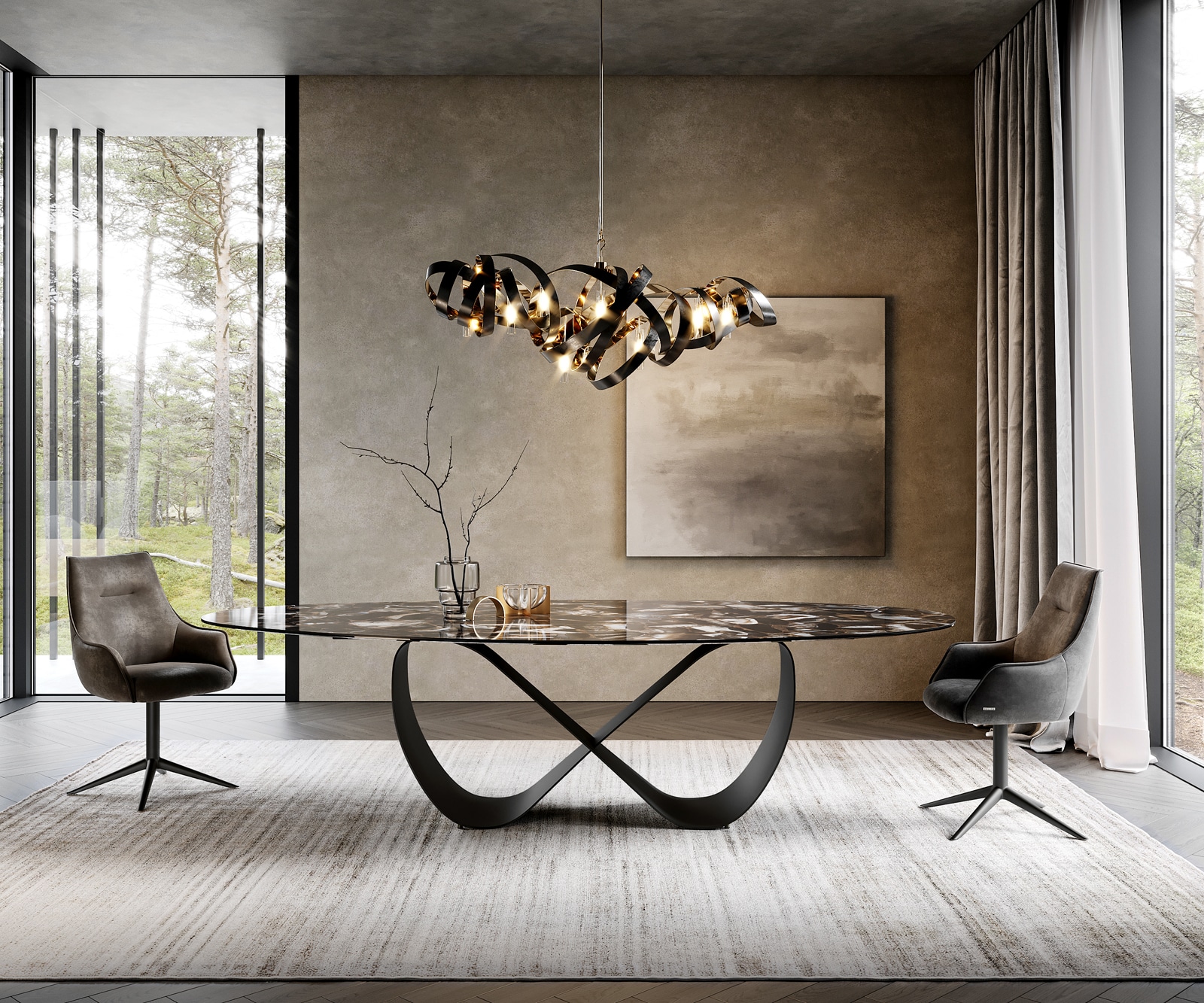 Esstisch Edge Oval 280x130 cm Keramik Iris FMG Agatablack Infinity Metall Schwarz