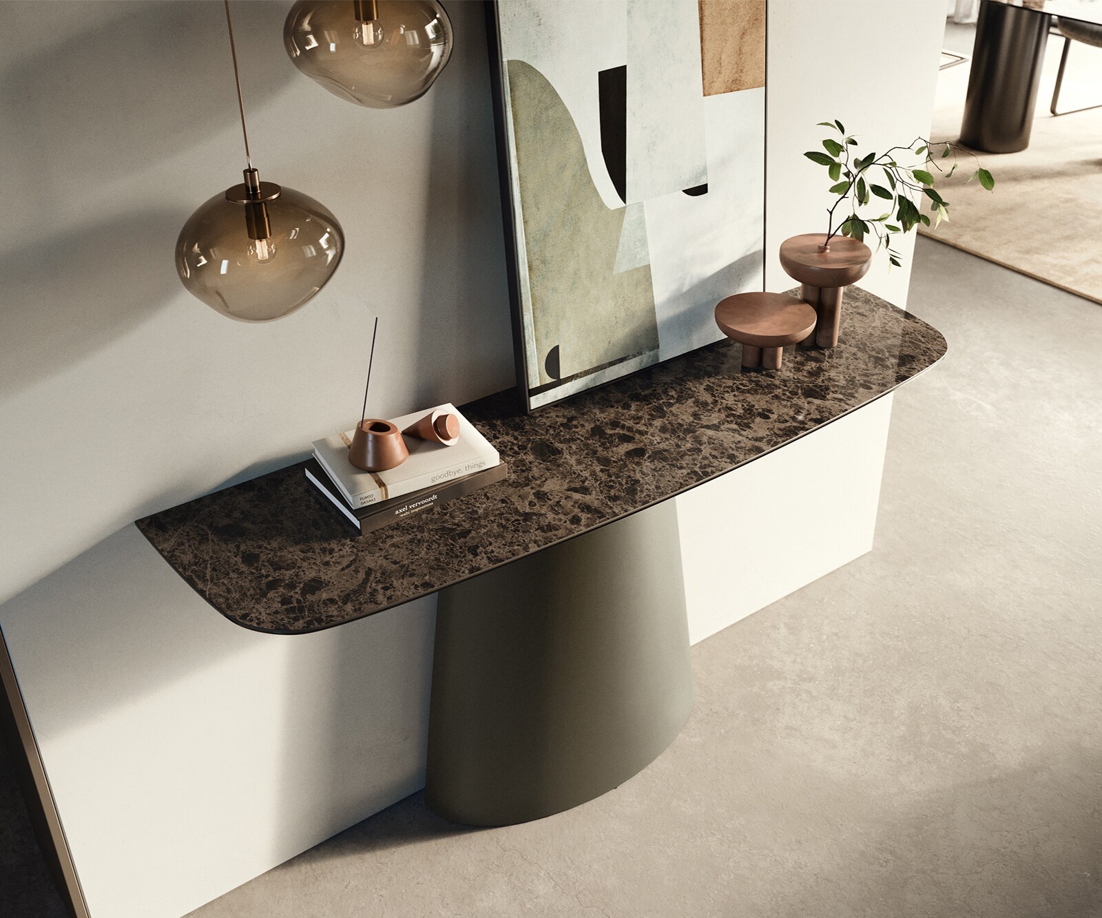 Konsolentisch Edge Boot 140x40 cm Keramik Emperador Extra Lucidato Dunkelbraun Conos Metall Effektfinish Titan 2