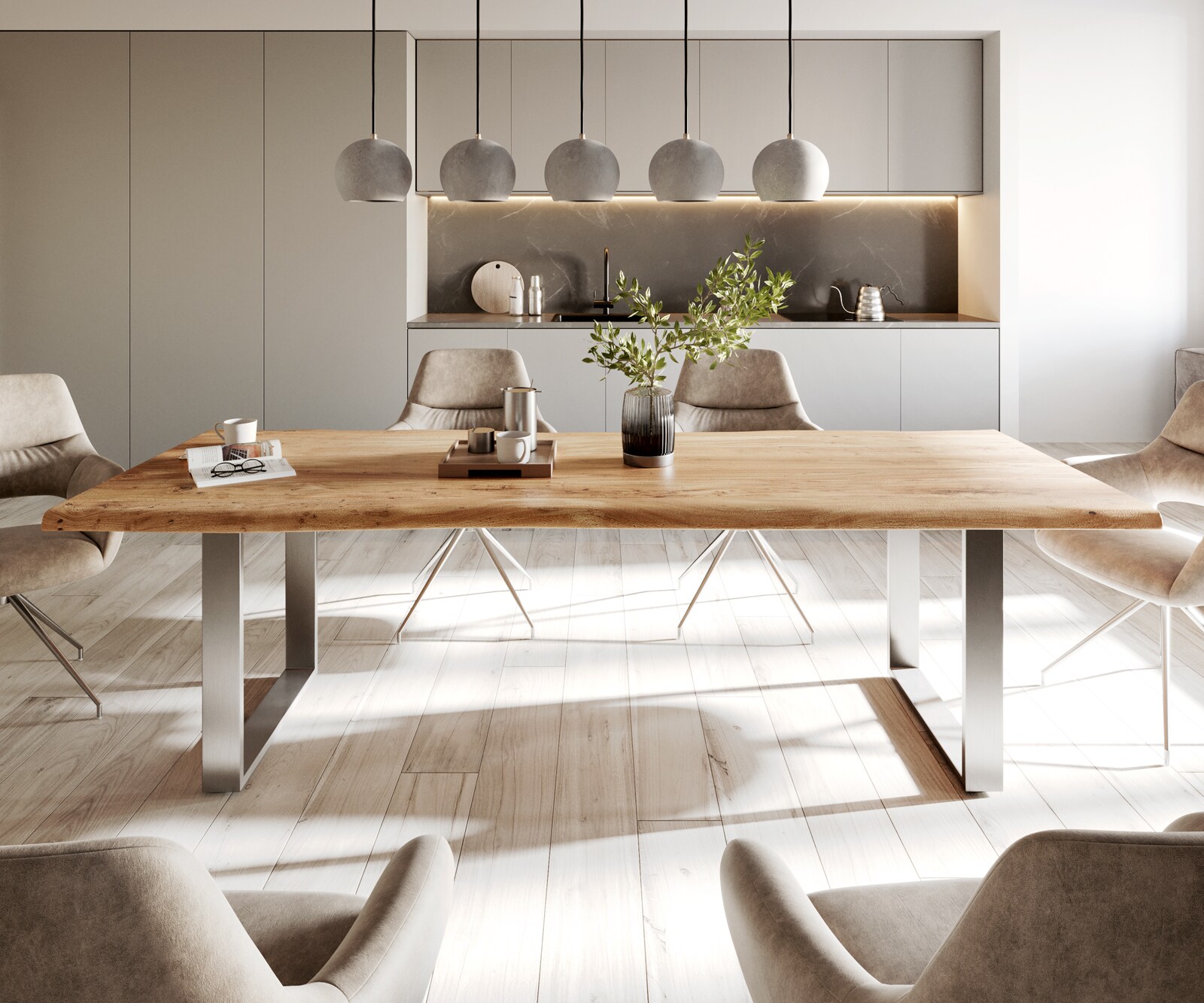 Esstisch Edge 260x100 Akazie Natur Edelstahl Schmal Live-Edge 2