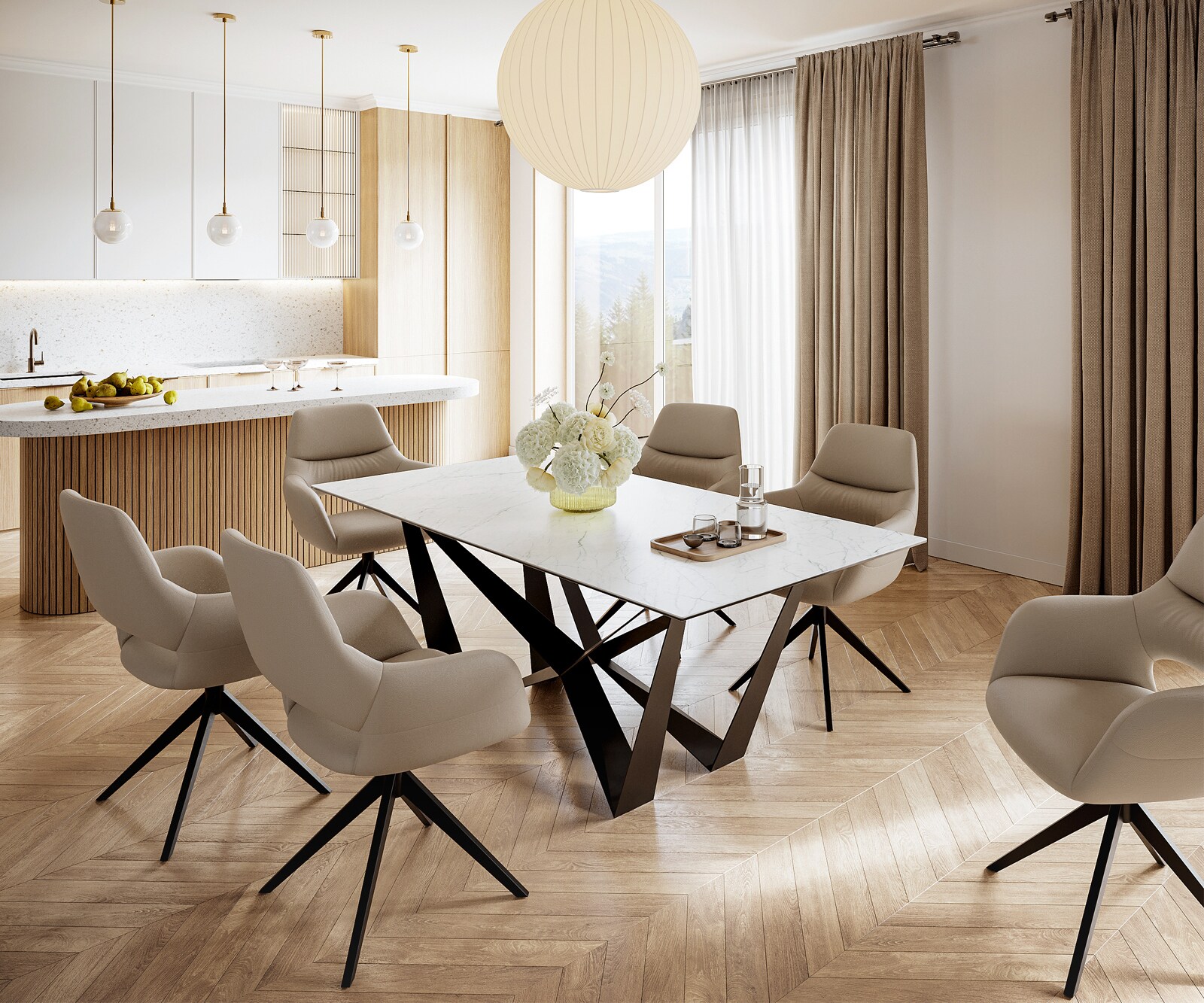 Esstisch Edge 200x100cm Keramik Laminam®Statuarietto Weiß Mittelfuß Flachstahl Schwarz 5