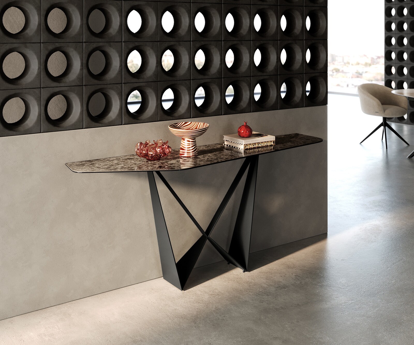 Konsolentisch Edge Polygonal 180x50 cm Keramik Emperador Extra Lucidato Dunkelbraun Spios Metall Schwarz 3