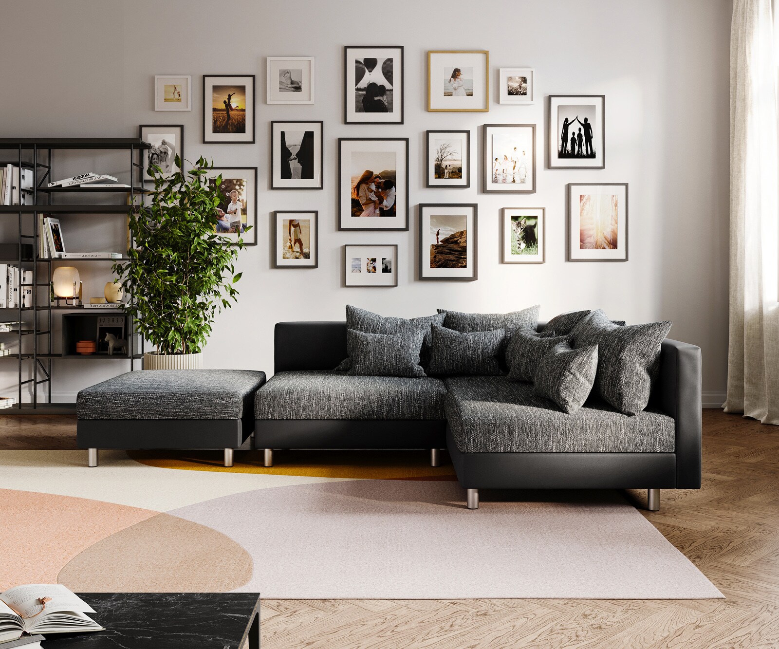 Ecksofa Clovis Schwarz mit Hocker Ottomane Rechts Modular 3