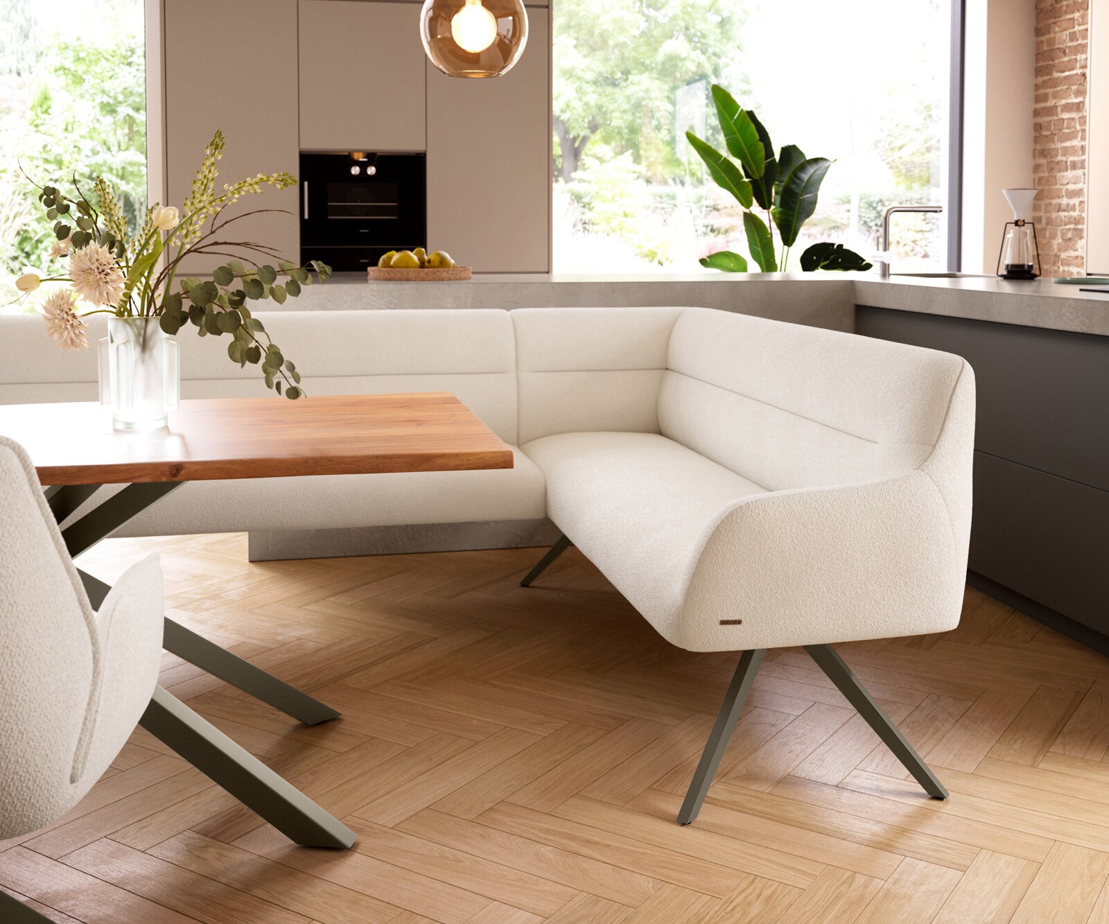 Esszimmerbank Taya-Flex 285x190 cm Bouclé Creme-Weiß Kreuzgestell kantig Effektfinish Titan Taschenfederkern Links 4