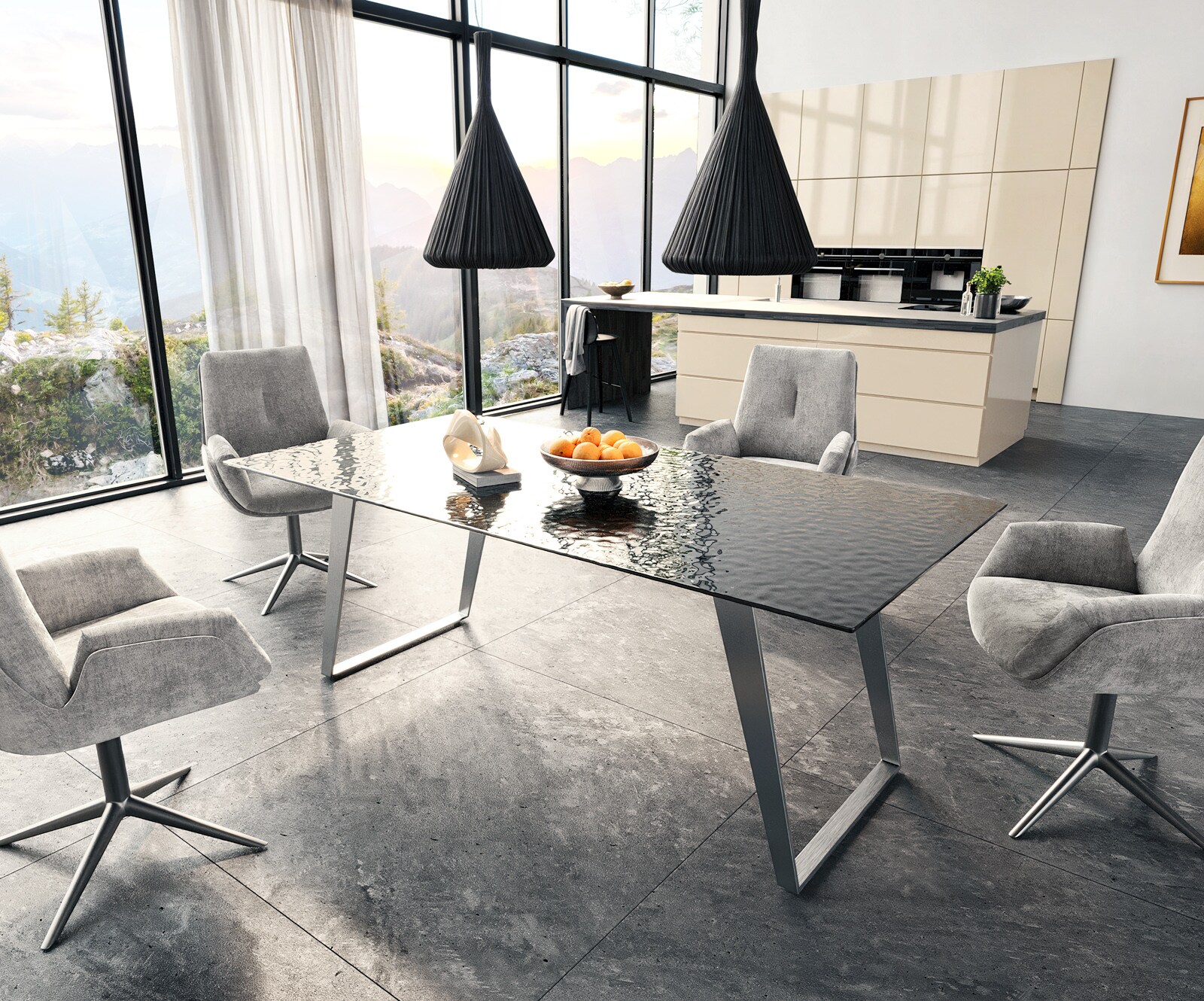 Esstisch Edge 200x100 Reliefglas Rauchschwarz 3D-Design Edelstahl Schräg 5