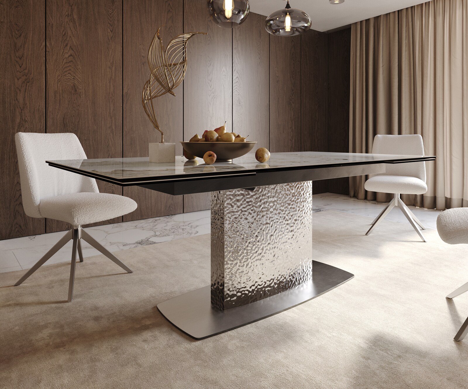 Esstisch Edge 200-300x100 Keramik Minas Melange Weiß-Beige Wave Edelstahl ausziehbar 6