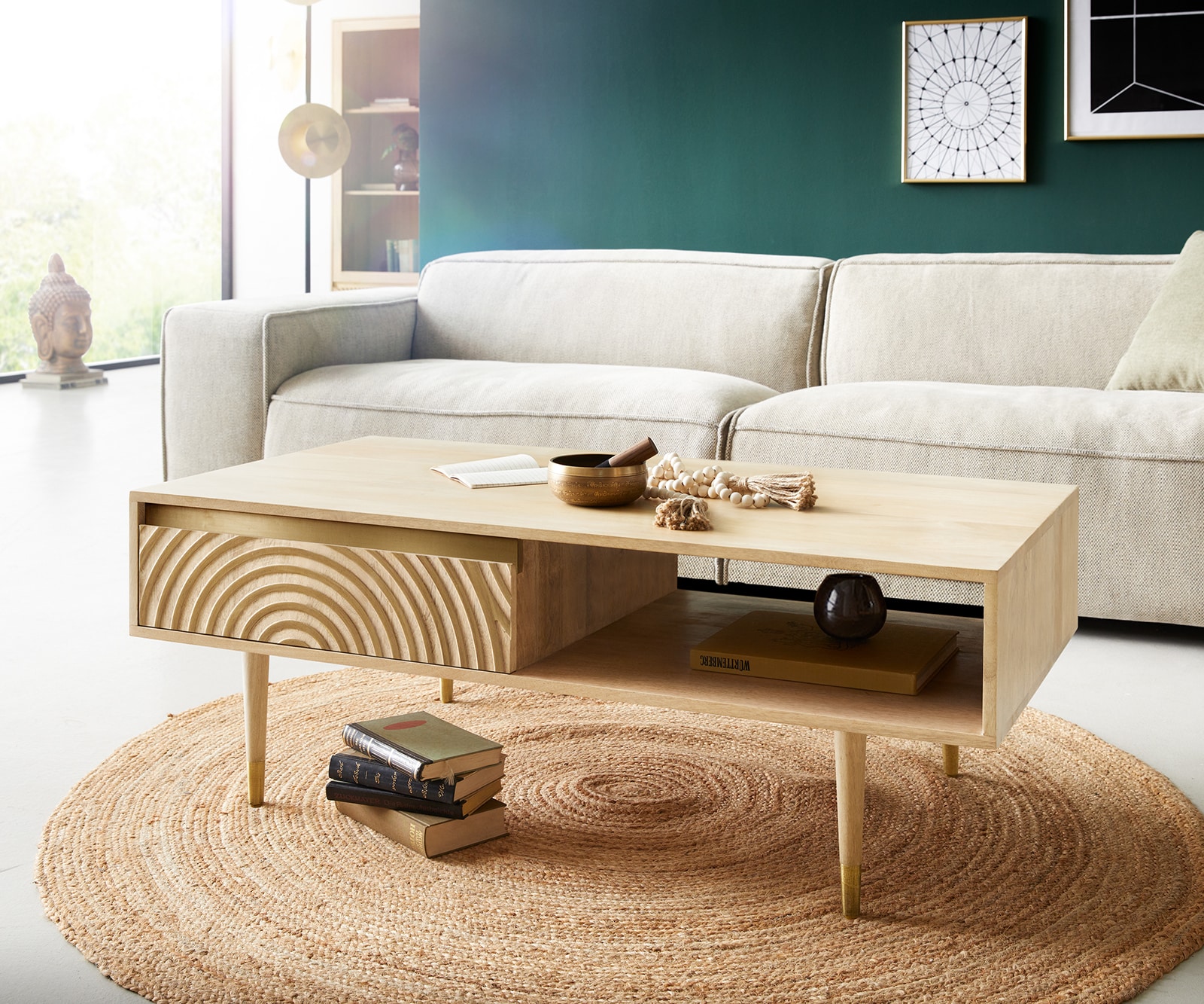 Couchtisch Budaya 115x60 cm Mango Natur 2 Schubfächer Fuß rund Couchtisch Budaya 115x60 cm Mango Natur 2 Schubfächer Fuß rund