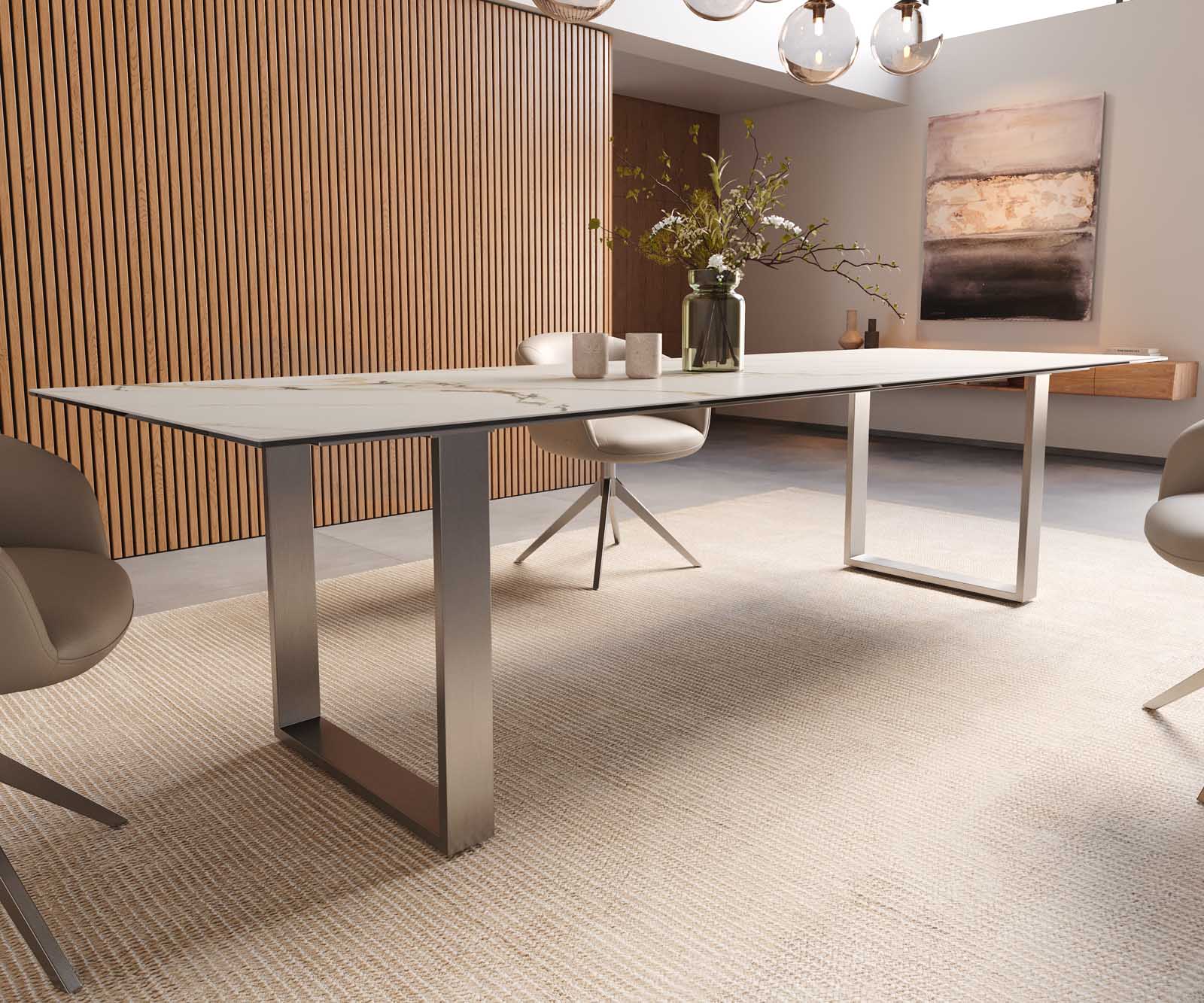 Esstisch Edge 300x100 Keramik Calacatta Luxe Weiß-Gold-Grau Edelstahl Schmal 7