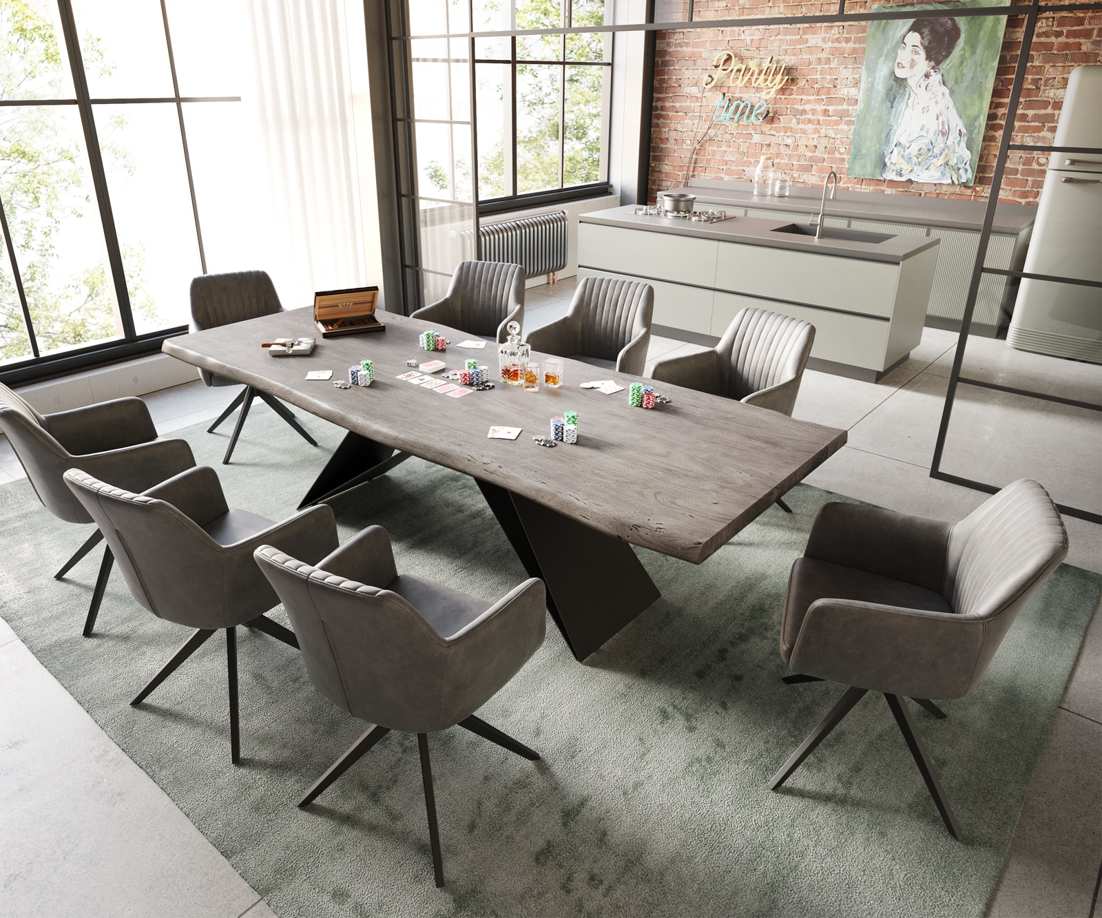 Esstisch Edge 260x100 XL Akazie Platin V-Gestell Flachstahl Schwarz Live-Edge 4