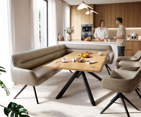 Esszimmerbank Taya-Flex 285x190 cm Mikrofaser Beige Vintage Kreuzgestell kantig Schwarz Taschenfederkern Rechts