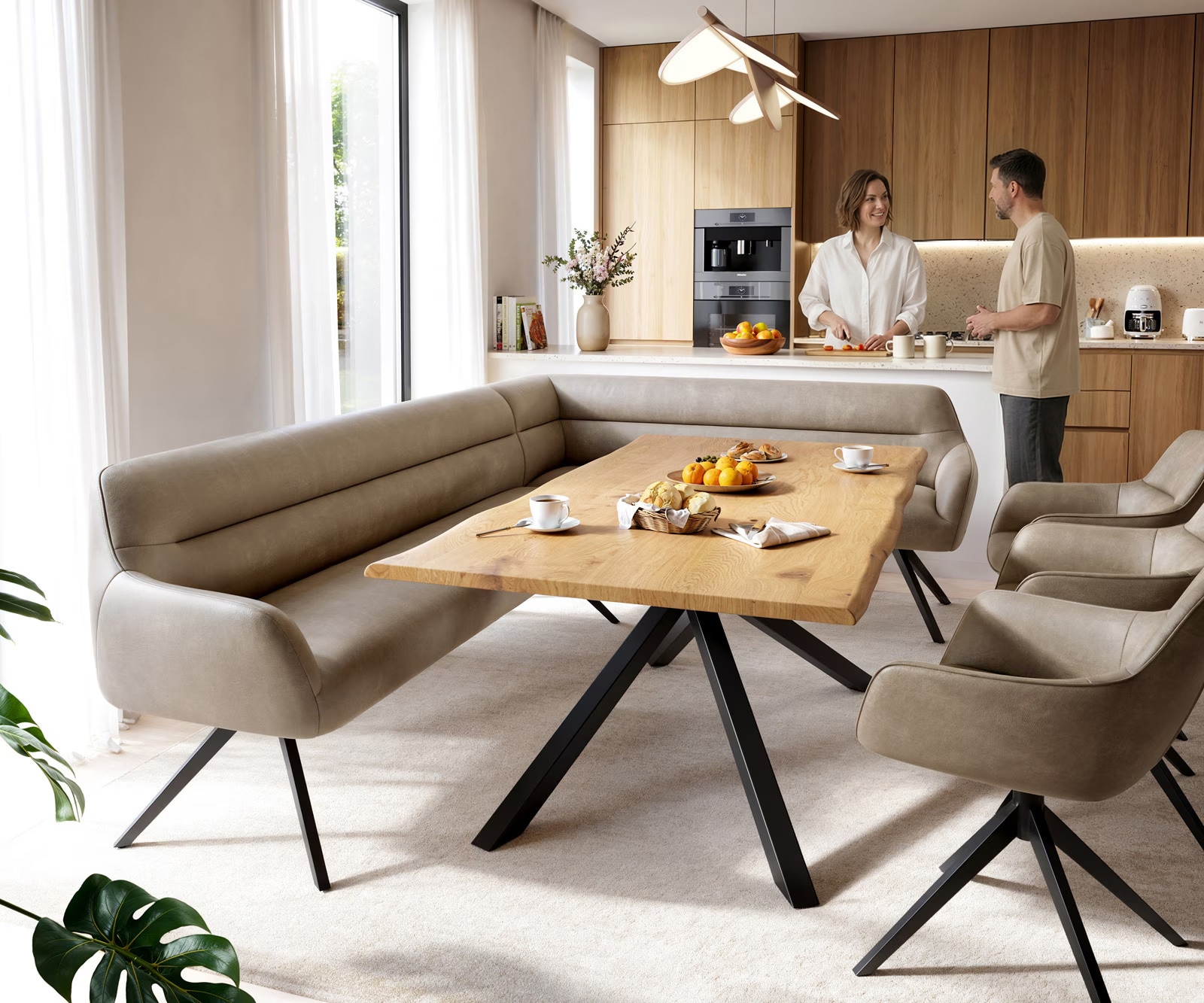 Esszimmerbank Taya-Flex 285x190 cm Mikrofaser Beige Vintage Kreuzgestell kantig Schwarz Taschenfederkern Rechts