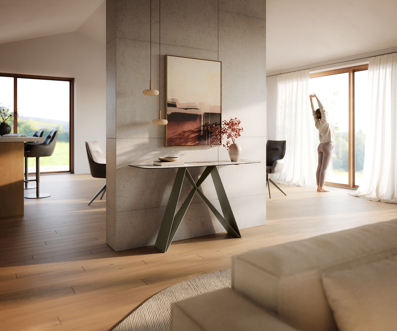 Konsolentisch Edge Boot 140x40 cm Keramik Minas Melange Weiß-Beige Velio Metall Effektfinish Titan 6