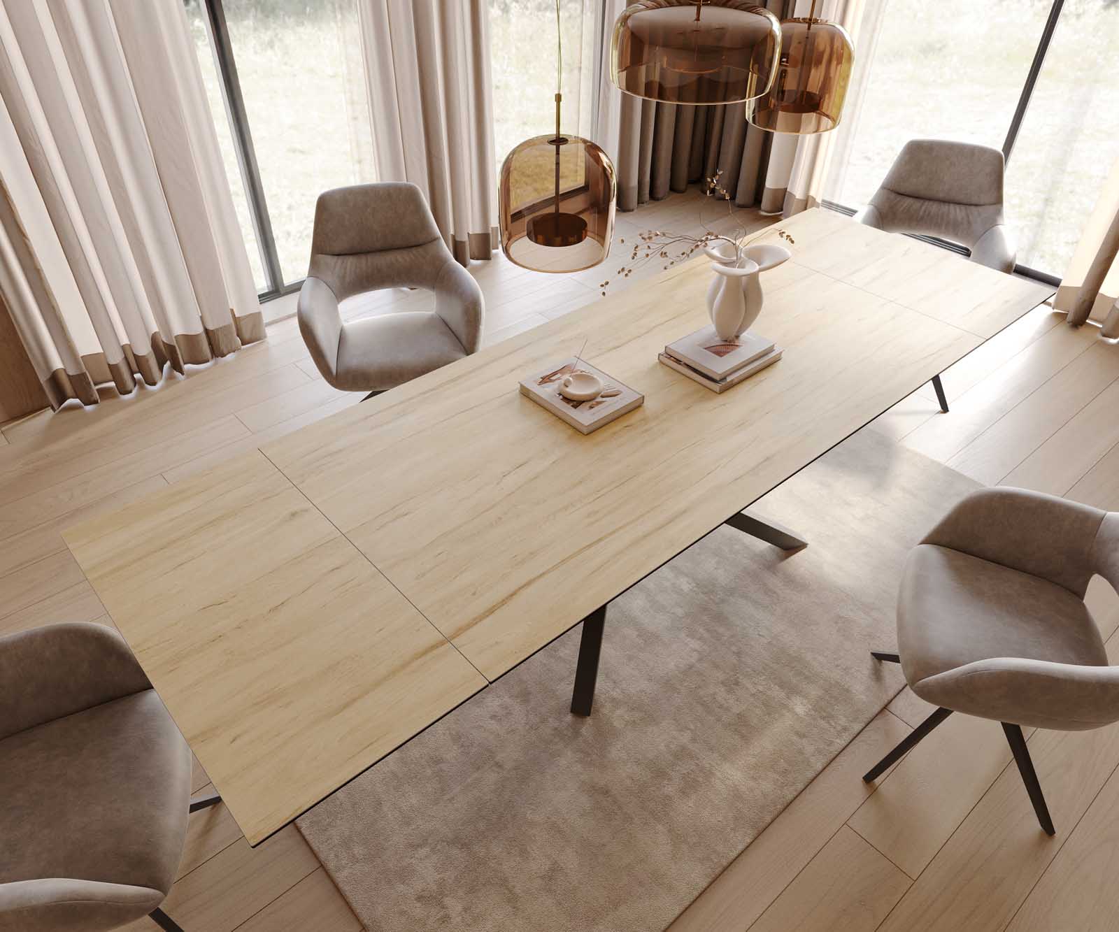 Esstisch Edge 200-300x100 Keramik Laminam® Sabbia Eichefarbig Kreuzgestell Rechteck Schwarz ausziehbar 3