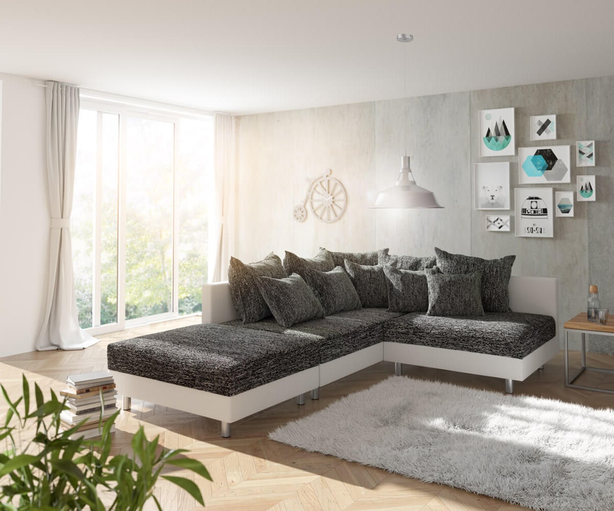 Ecksofa Clovis Weiss Schwarz mit Hocker Ottomane Links Ecksofa Clovis Weiss Schwarz mit Hocker Ottomane Links