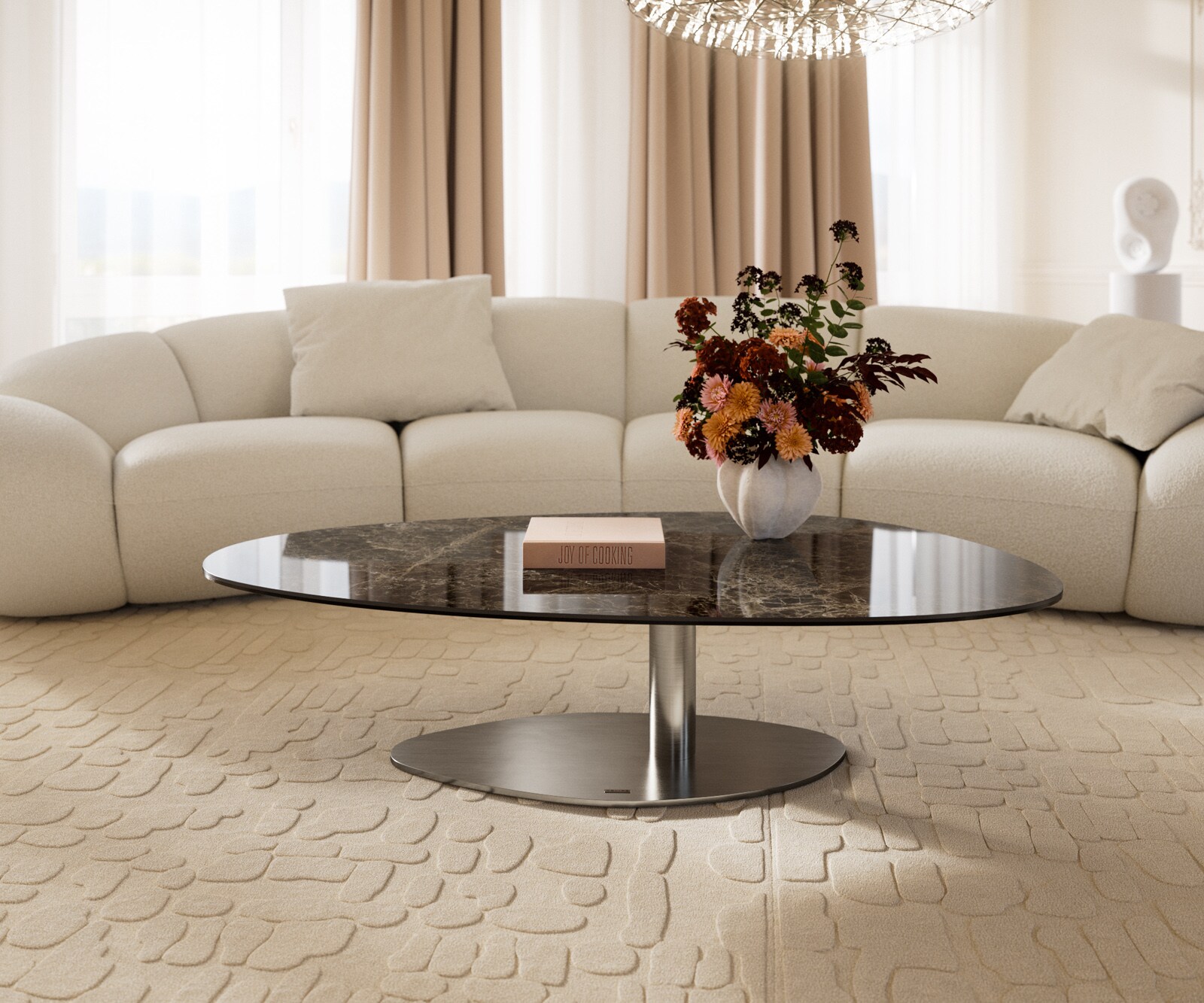 Couchtisch Edge Oval 140x75 cm Keramik Laminam® Emperador Extra Lucidato Dunkelbraun Vibany Edelstahl gebürstet 1
