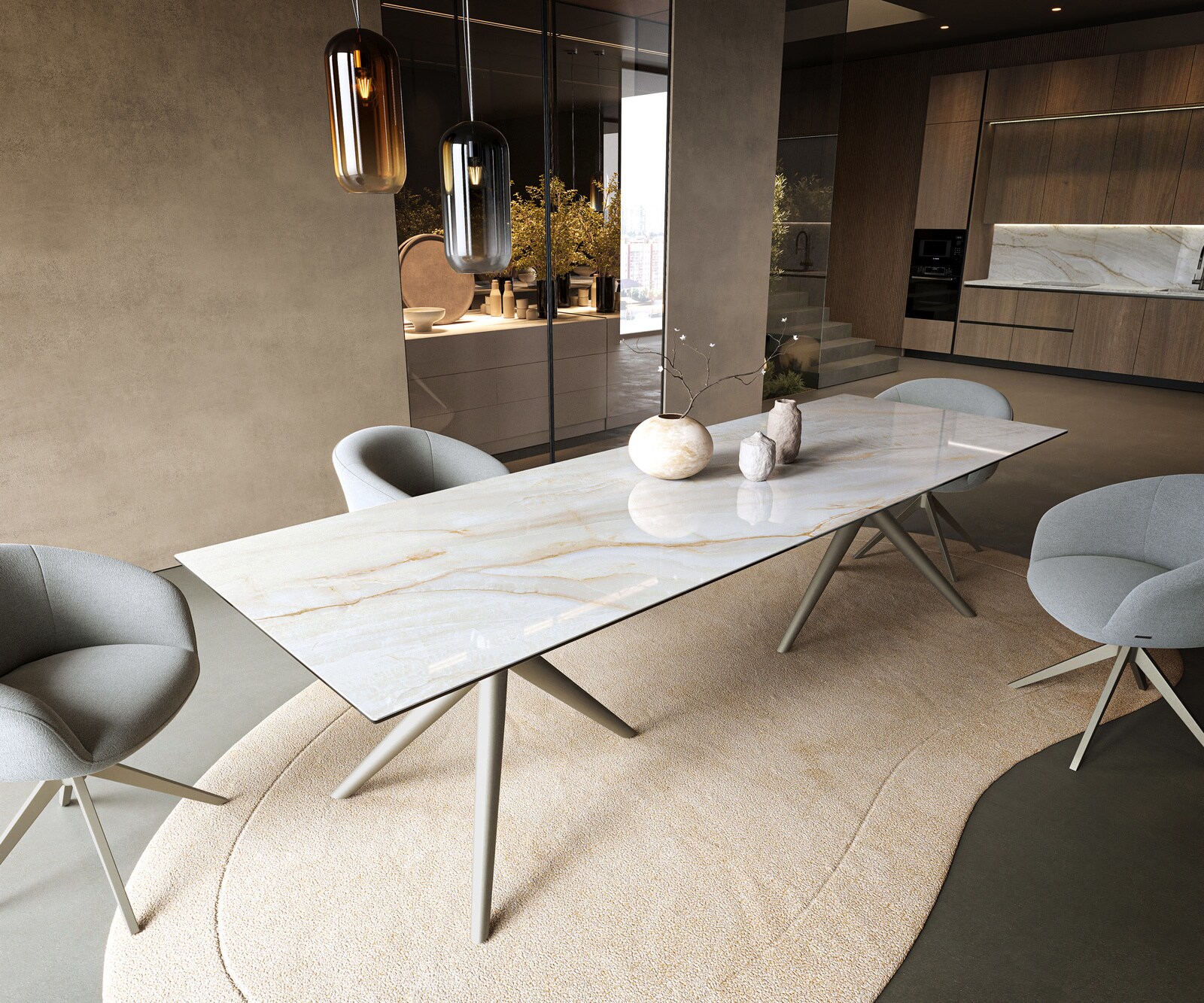 Esstisch Edge 300x100 cm Keramik Onyx Pearl Estelar rund Metall Effektfinish Titan 1