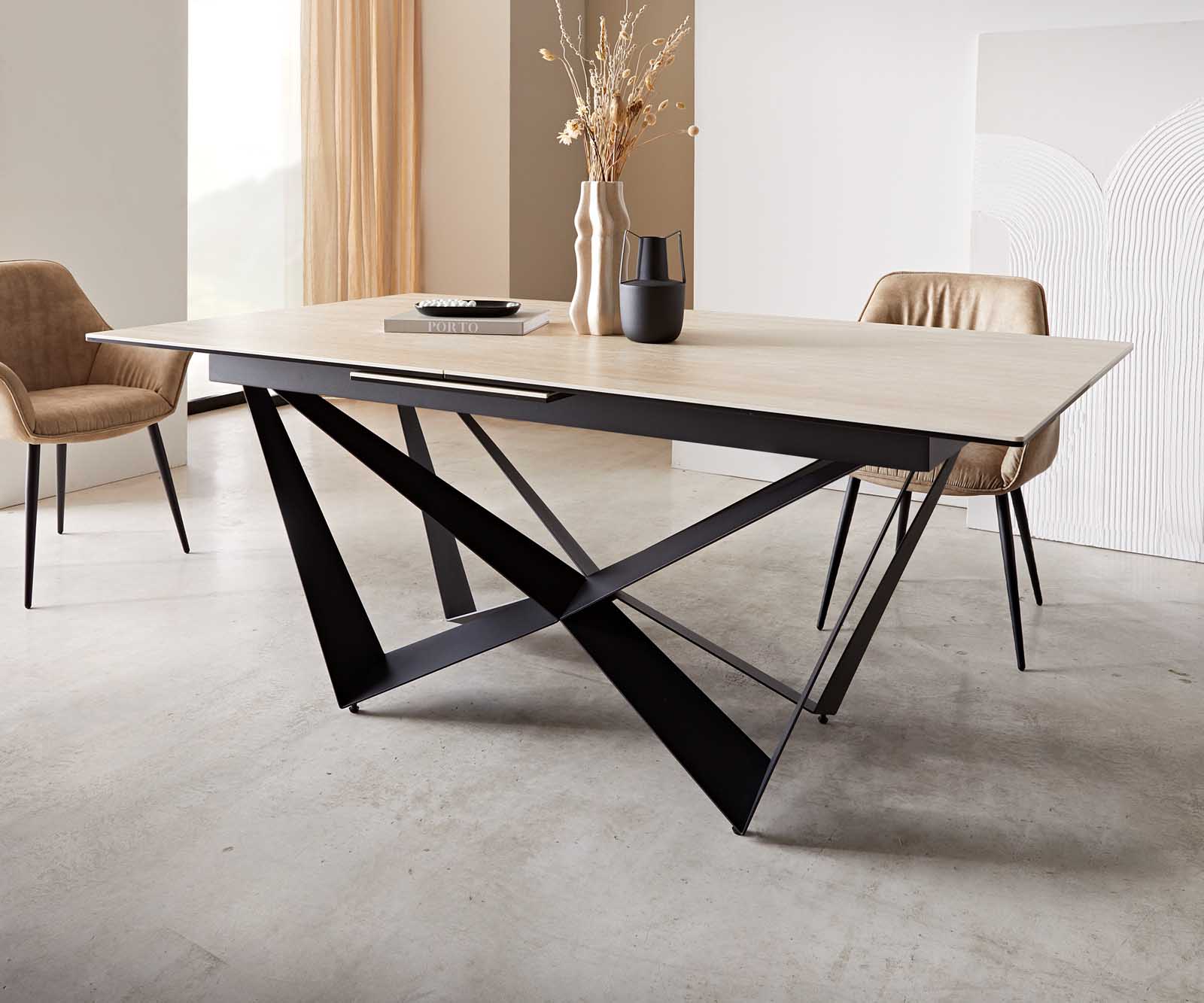 Esstisch Edge 180-220x100 Keramik Travertin Natur Spider Flachstahl Schwarz ausziehbar 5