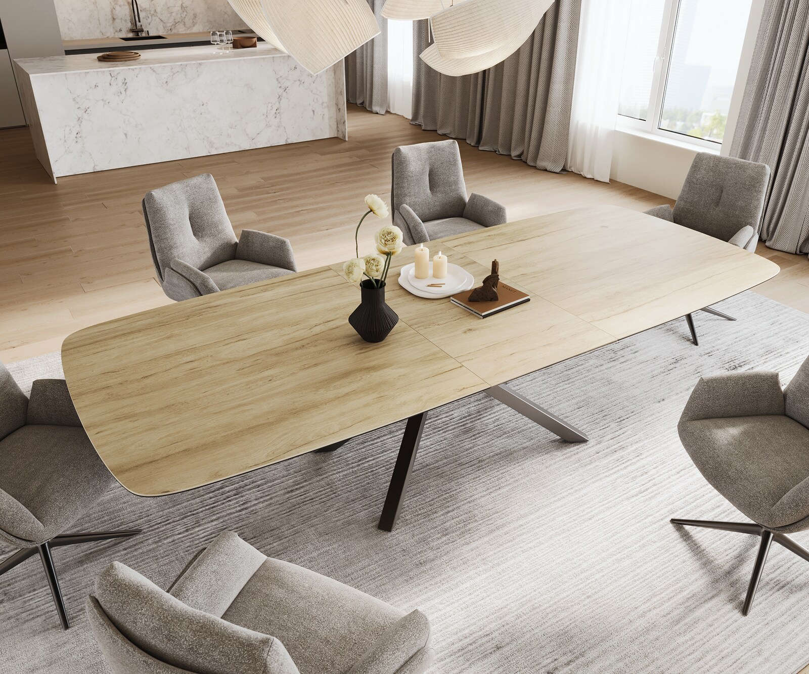 Esstisch Edge Boot 240-300x120 cm Keramik Laminam® Sabbia Eichefarbig Kreuzgestell Rechteck Edelstahl Graphit ausziehbar 4