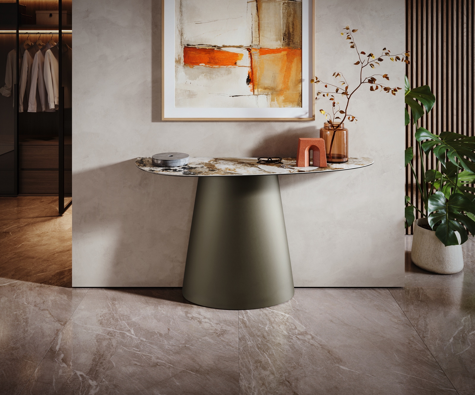 Konsolentisch Edge Oval 140x40 cm Keramik Patagonia Poliert Conos Metall Effektfinish Titan 3
