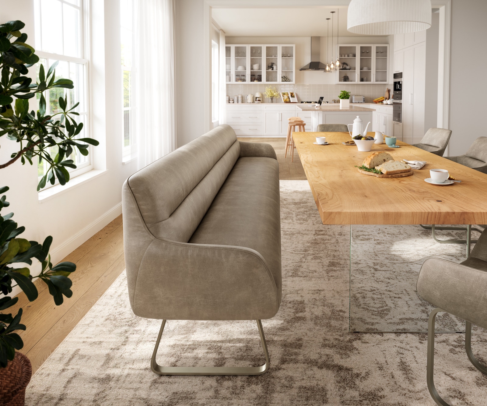 Esszimmerbank Taya-Flex 300 cm Mikrofaser Beige Vintage Kufengestell flach Effektfinish Titan Taschenfederkern 1