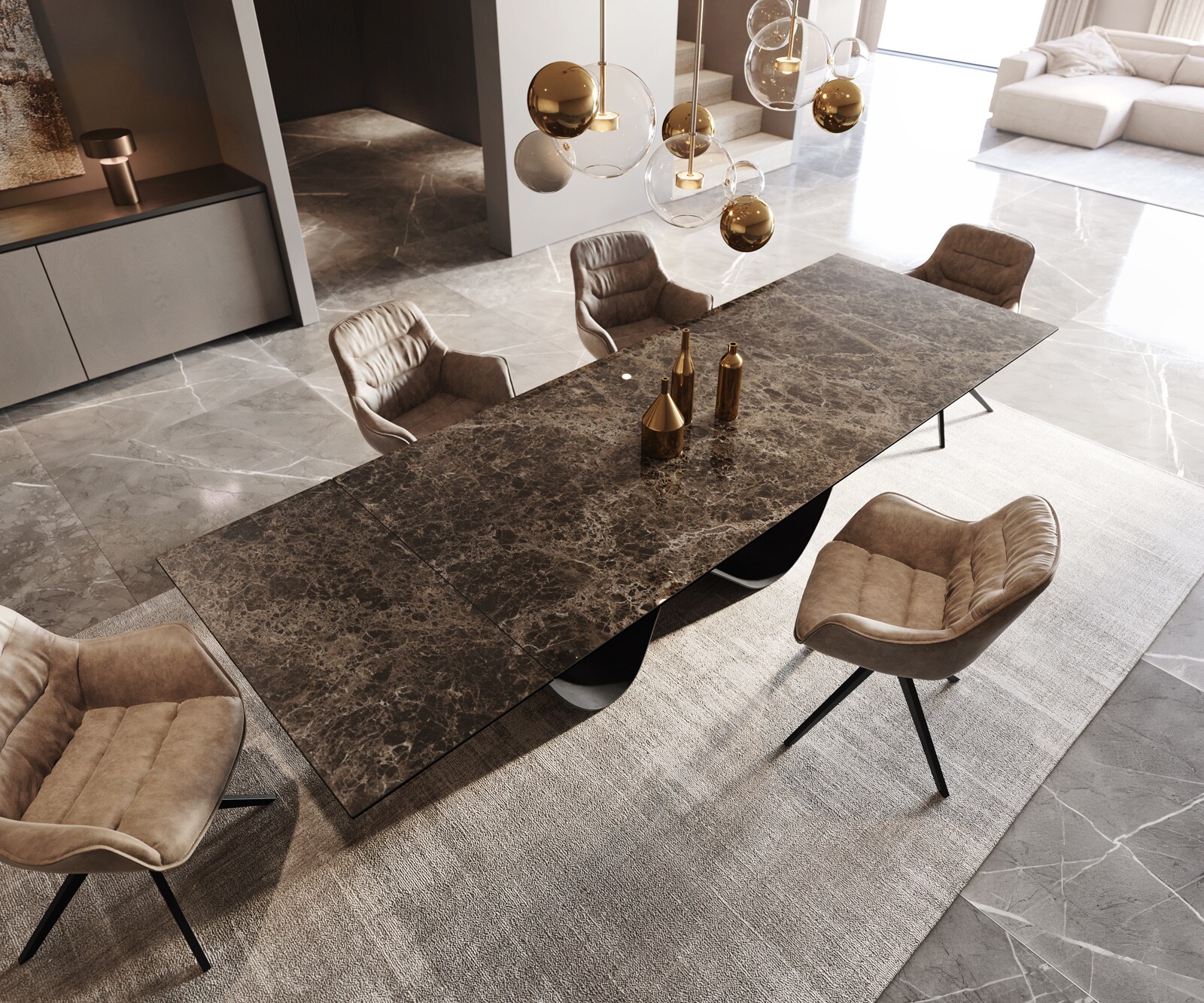 Esstisch Edge 200-300x100 Keramik Laminam® Emperador Extra Lucidato Dunkelbraun Infinity Metall Schwarz ausziehbar 3