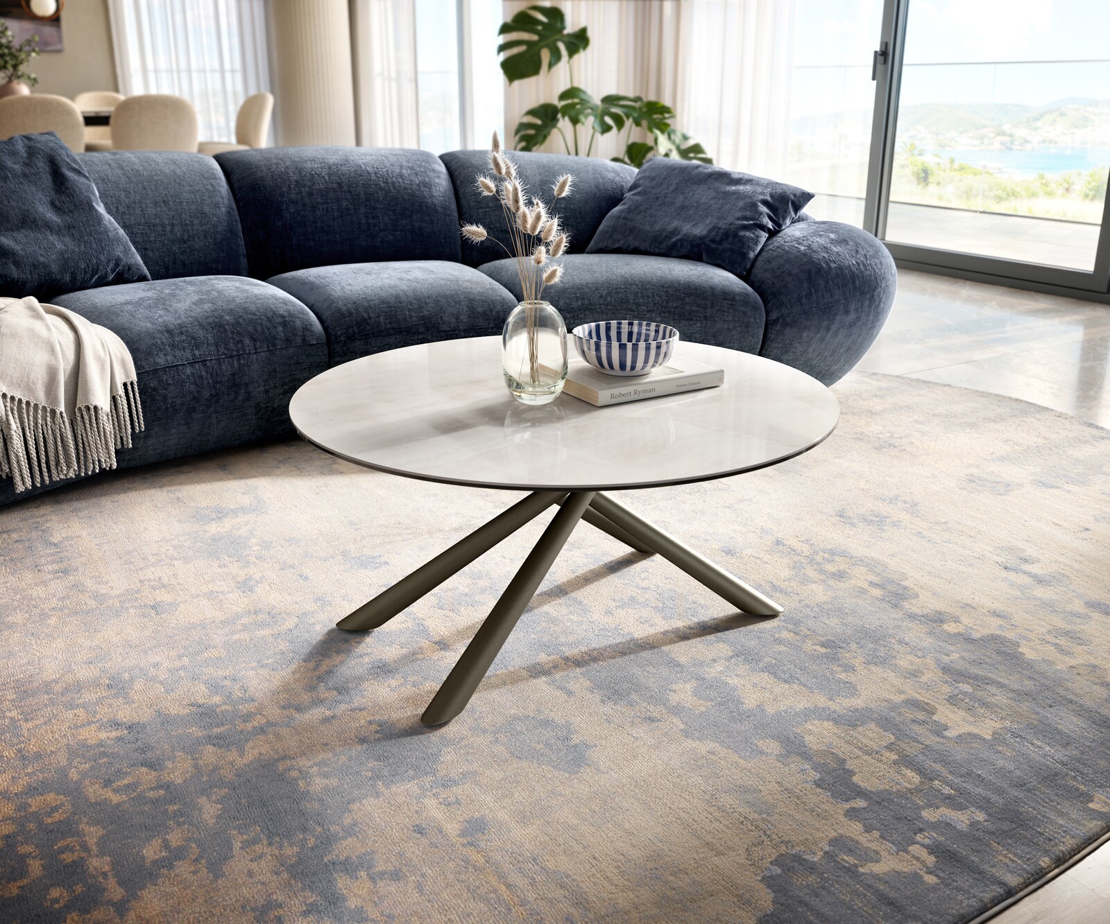 Couchtisch Edge Rund 90x90 cm Keramik Onyx Champagne Sarity Metall Effektfinish Titan