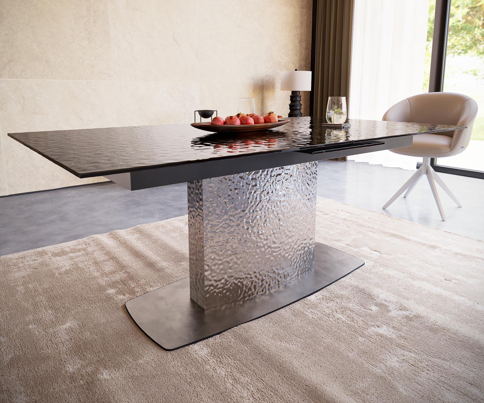Esstisch Edge 180-220x100 Reliefglas Rauchschwarz 3D-Design Wave Edelstahl ausziehbar 4 Esstisch Edge 180-220x100 Reliefglas Rauchschwarz 3D-Design Wave Edelstahl ausziehbar 4