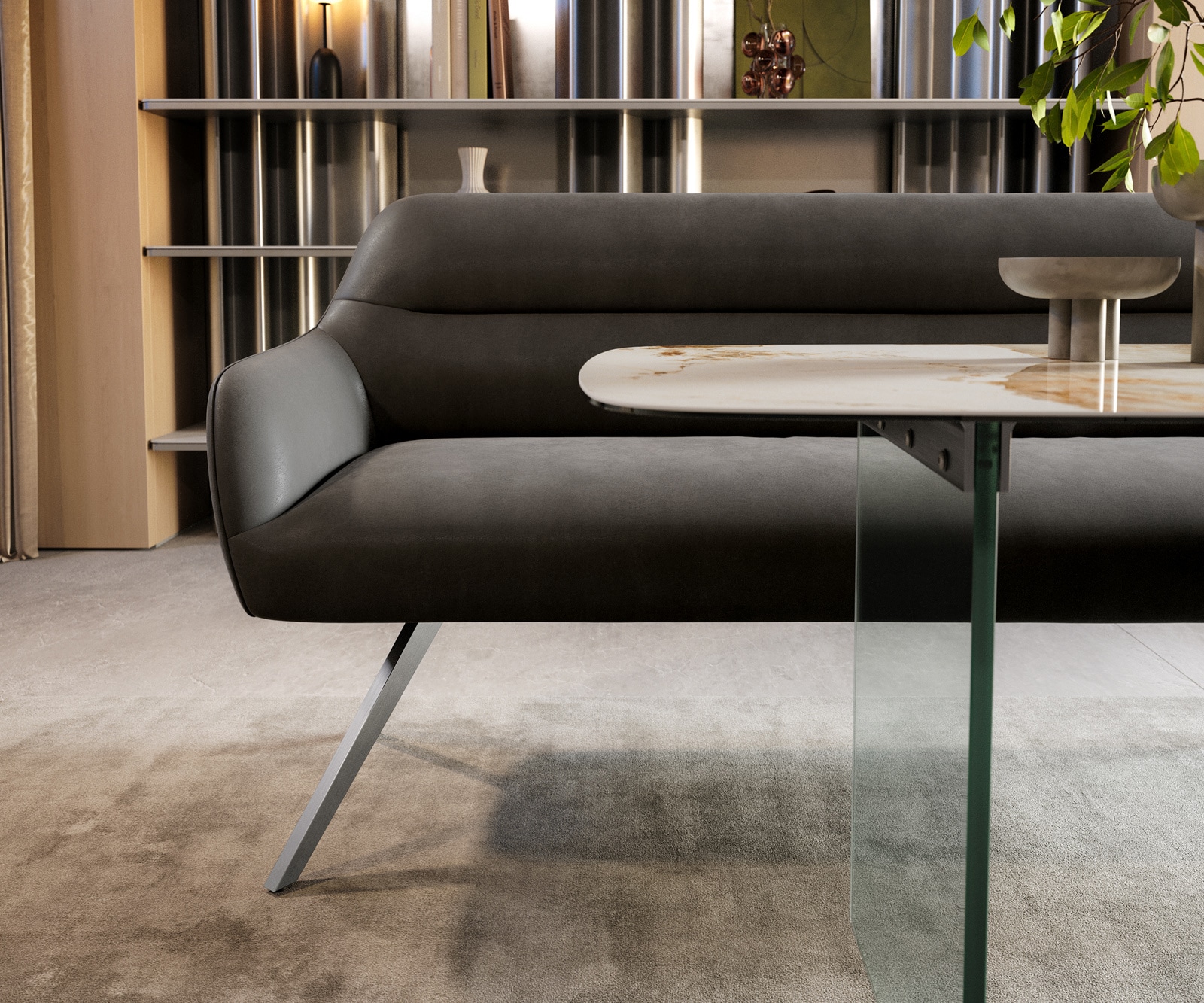 Esszimmerbank Taya-Flex 200 cm Mikrofaser Anthrazit Vintage Kreuzgestell kantig Edelstahl Taschenfederkern 1