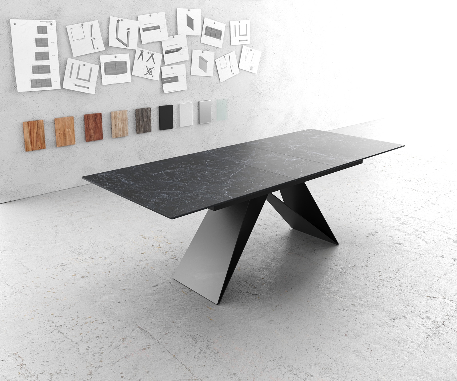 Esstisch Edge 180-220x90cm Keramik Laminam®Nero Greco Anthrazit V-Mittelfuß Schwarz ausziehbar 1