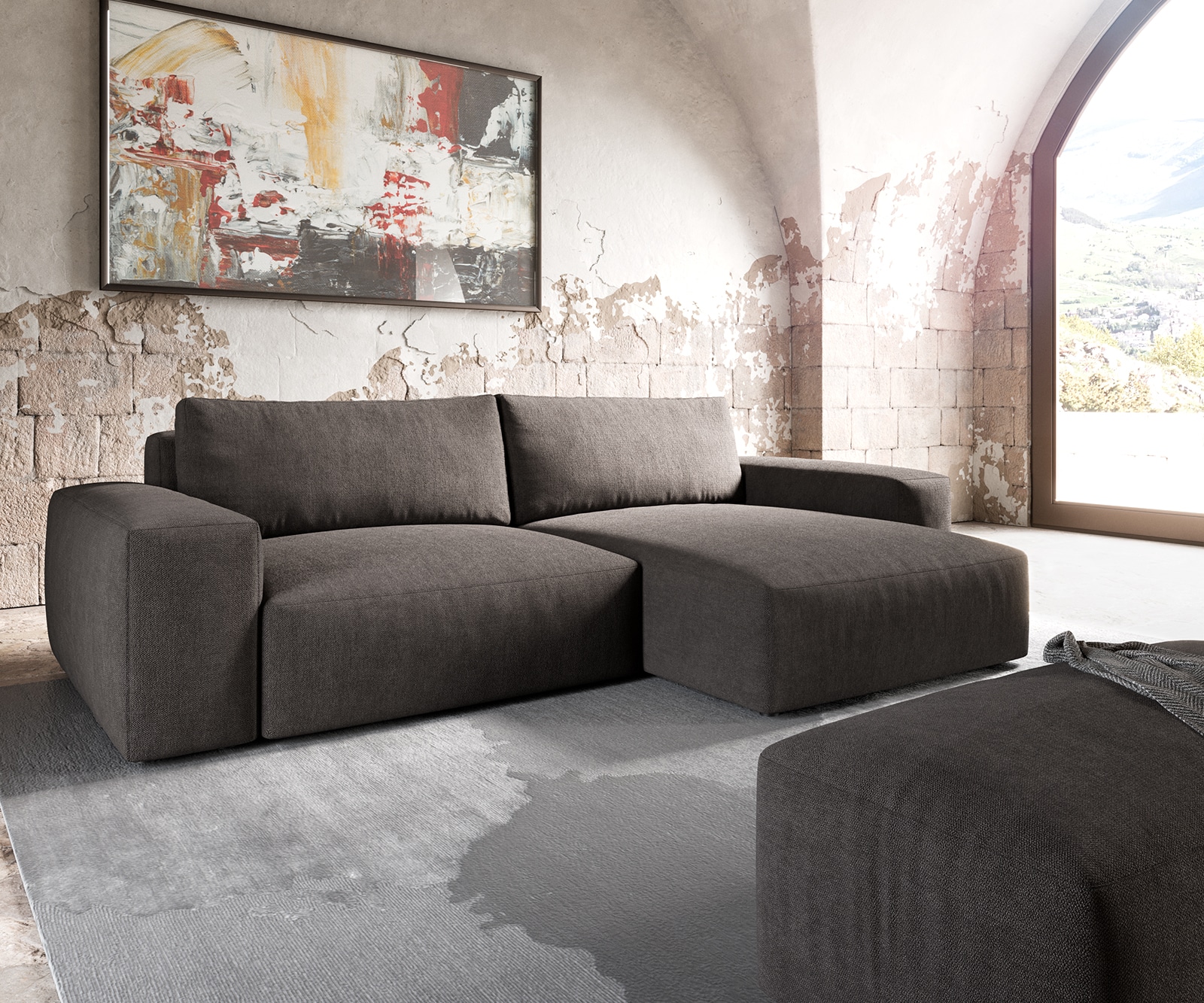Ecksofa Lanzo XL 270x180 cm Mikrofaser Khakibraun Recamiere variabel mit Hocker Ecksofa Lanzo XL 270x180 cm Mikrofaser Khakibraun Recamiere variabel mit Hocker