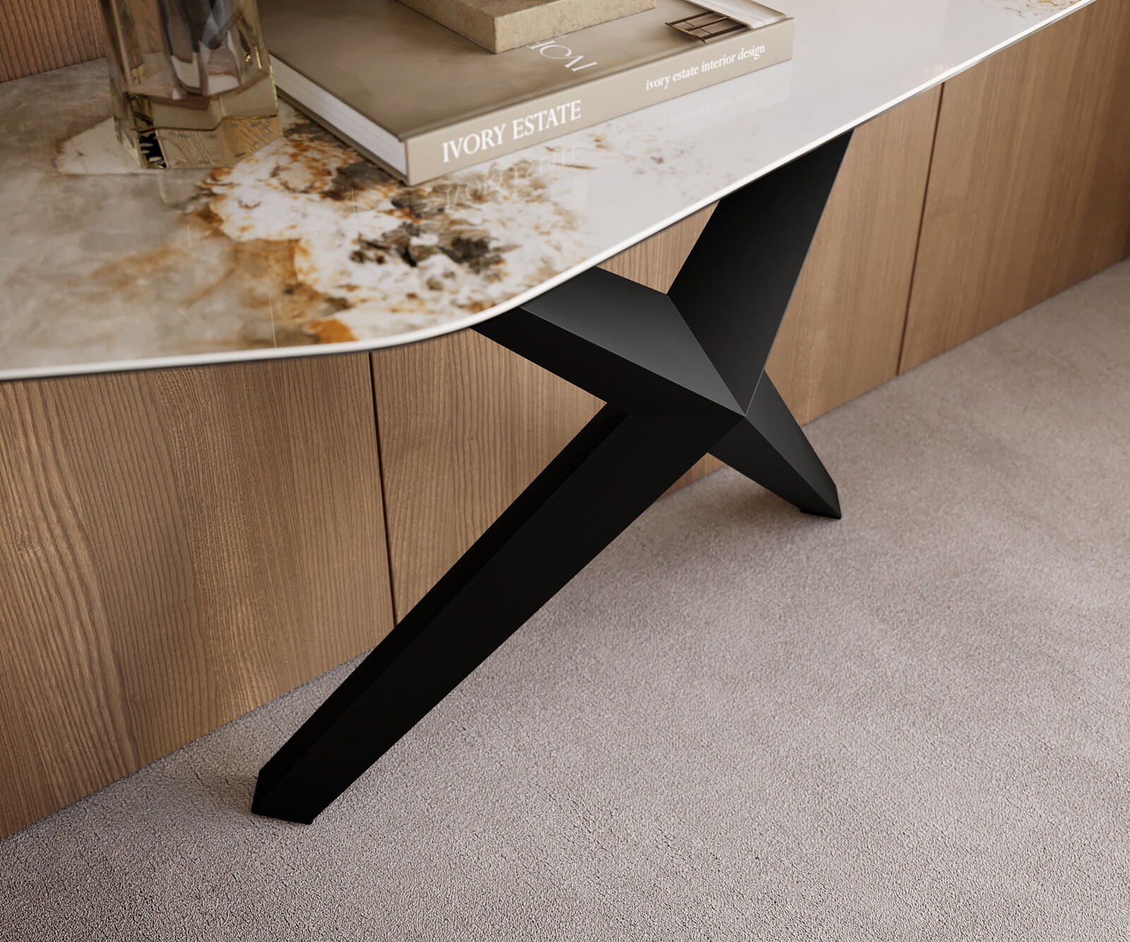 Konsolentisch Edge Polygonal 180x50 cm Keramik Minas Melange Weiß-Beige Zentharo Metall Schwarz 6