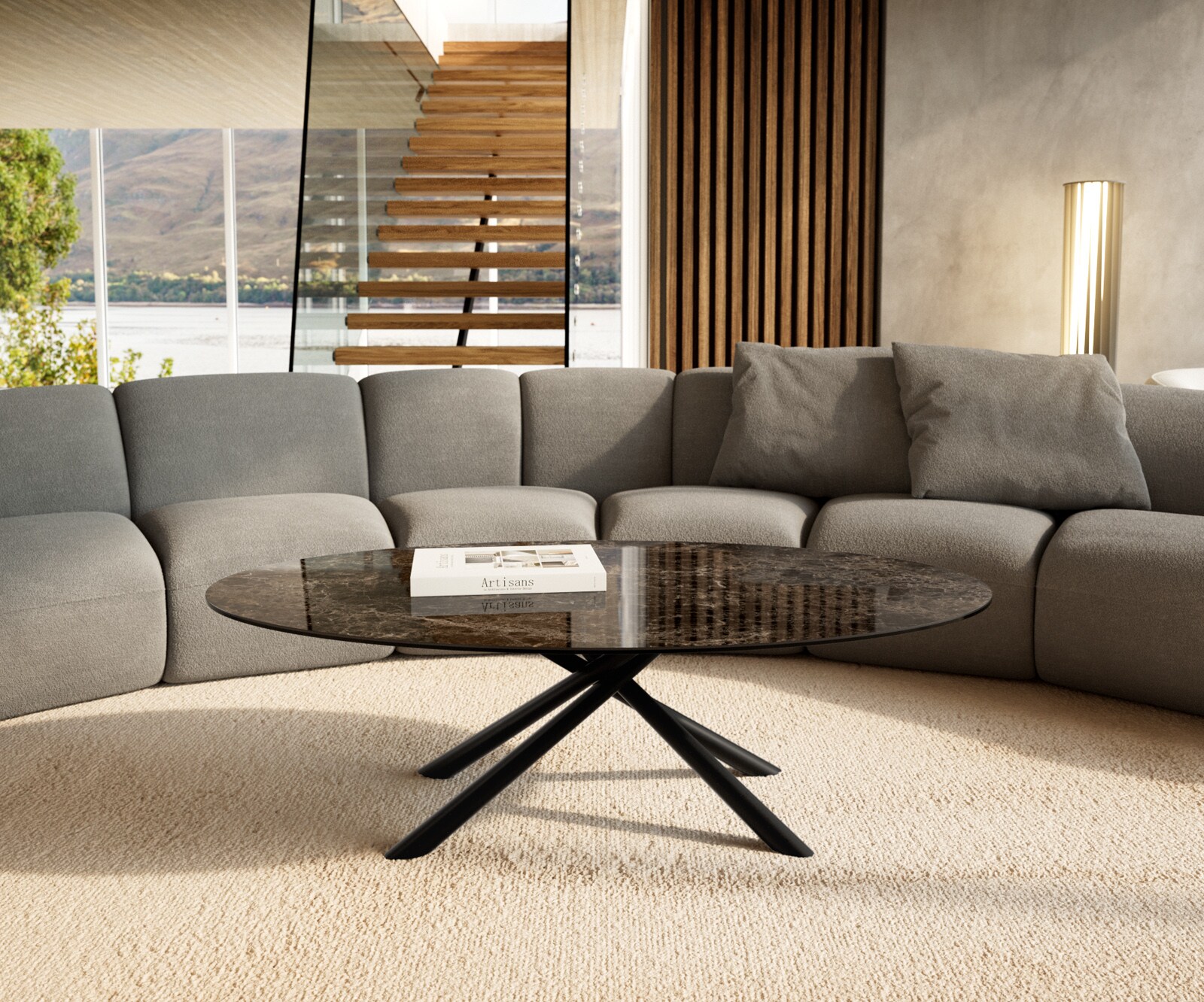 Couchtisch Edge Oval 140x80 cm Keramik Laminam® Emperador Extra Lucidato Dunkelbraun Sarity Metall Schwarz 2