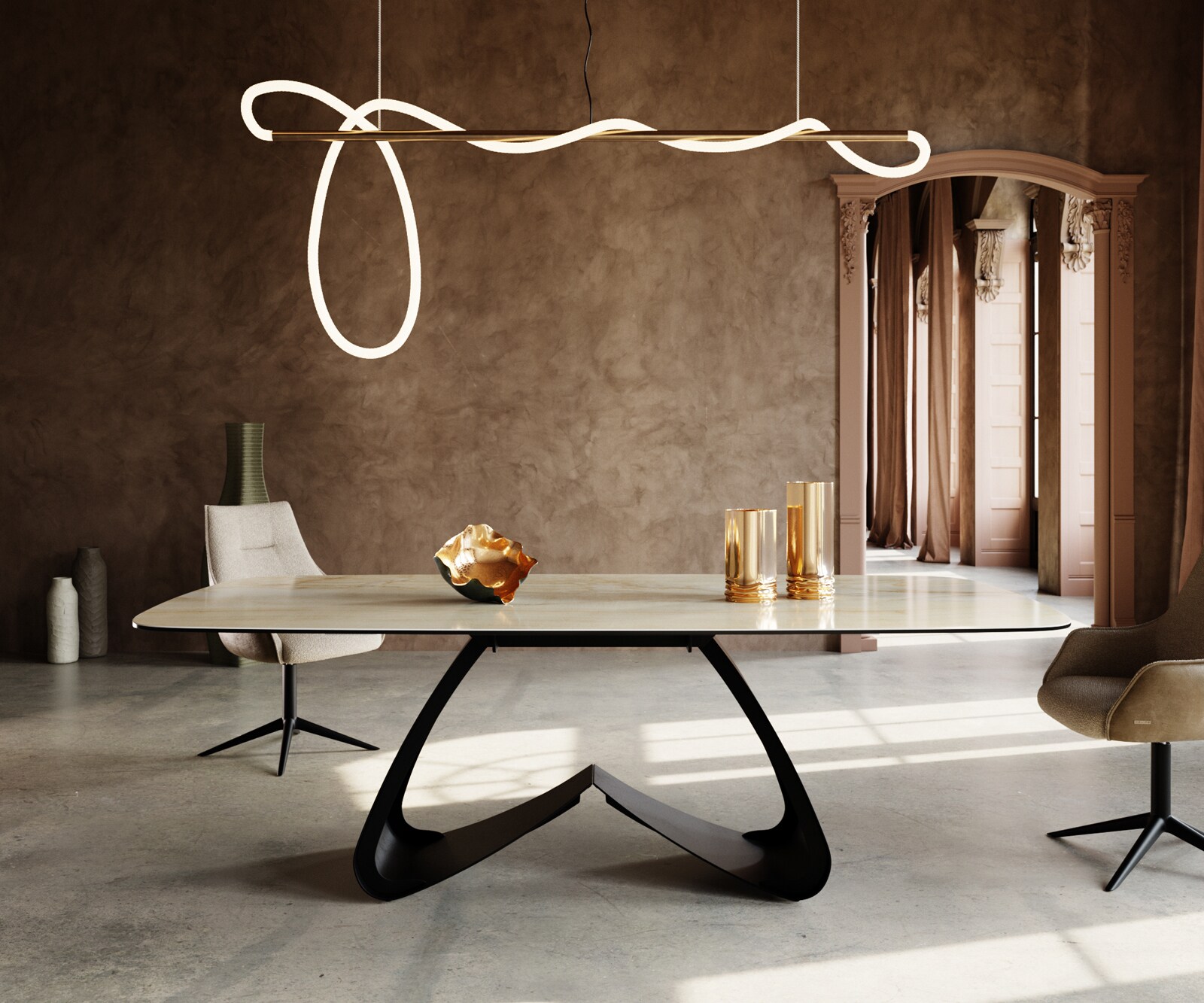 Esstisch Edge Boot 240x120 cm Keramik Iris FMG Onice Oro W-Gestell Metall Schwarz 2