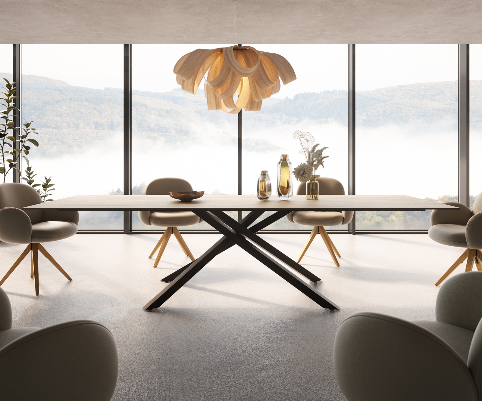 Esstisch Edge 300x100 Keramik Laminam® Sabbia Eichefarbig Kreuzgestell Rechteck Schwarz 2