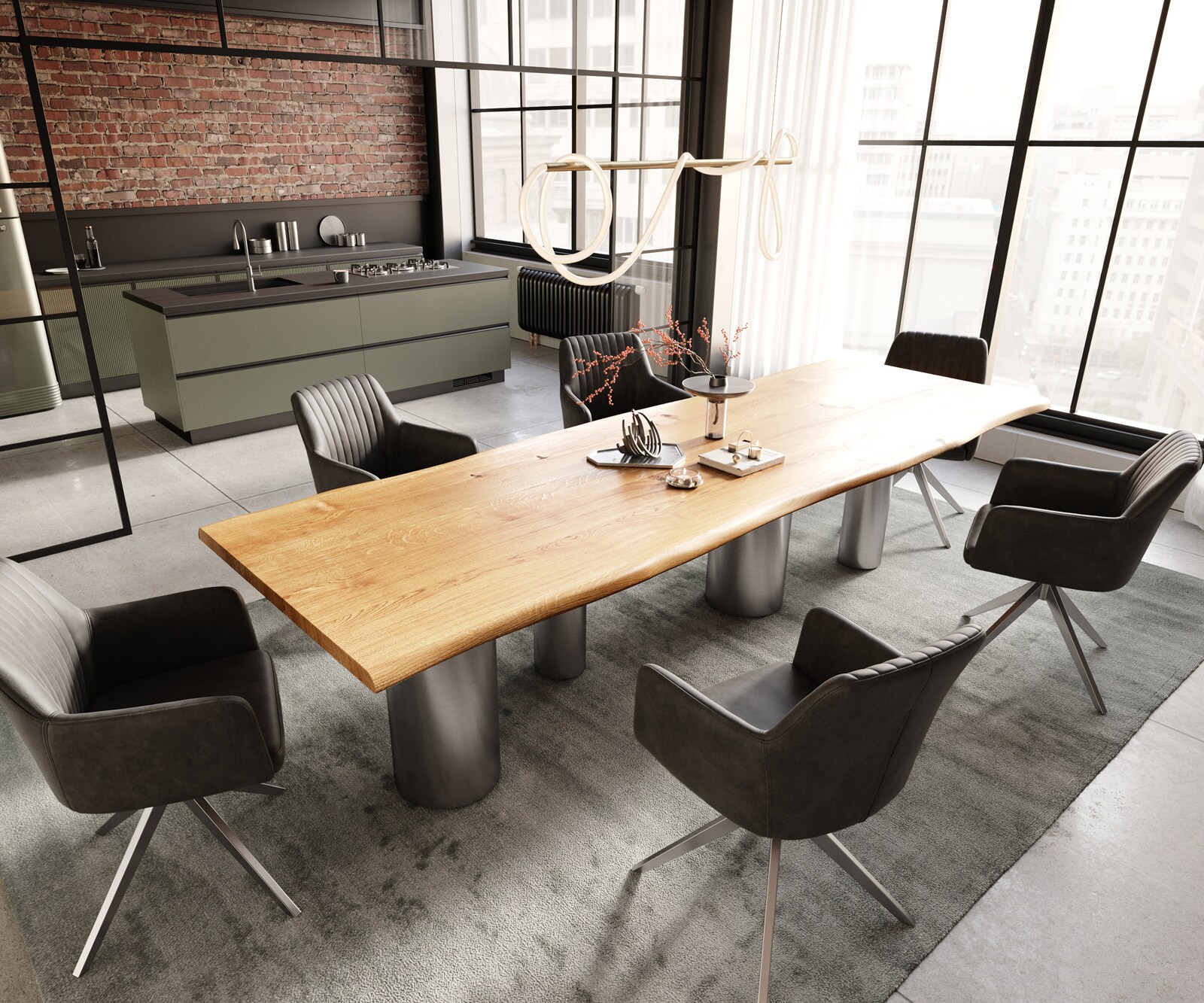 Esstisch Edge 300x100x4 Eiche Natur Pilier Edelstahl gebürstet Live-Edge 4