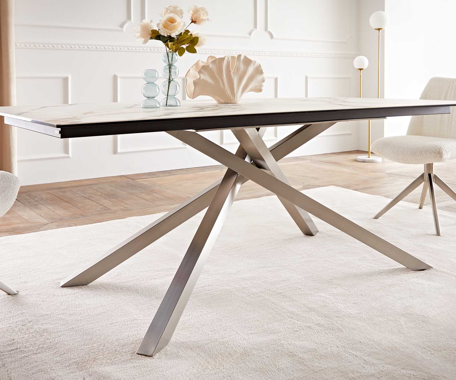 Esstisch Edge 200x100 Keramik Calacatta Luxe Weiß-Gold-Grau Kreuzgestell Rechteck Edelstahl 6