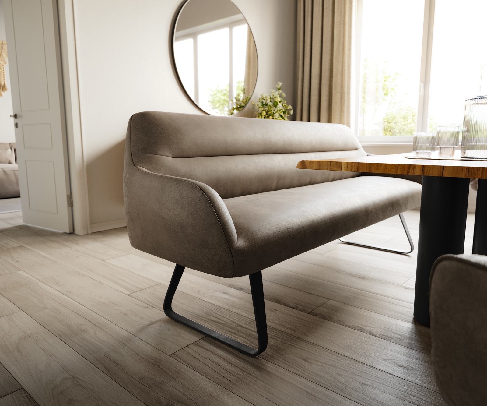 Esszimmerbank Taya-Flex 200 cm Mikrofaser Taupe Vintage Kufengestell flach Schwarz Taschenfederkern 4