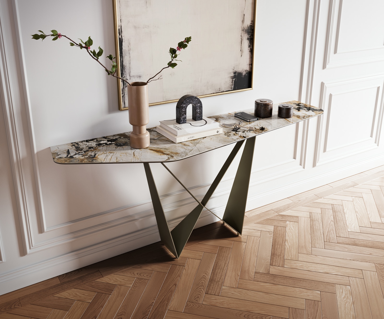 Konsolentisch Edge Polygonal 180x50 cm Keramik Patagonia Poliert Spios Metall Effektfinish Titan