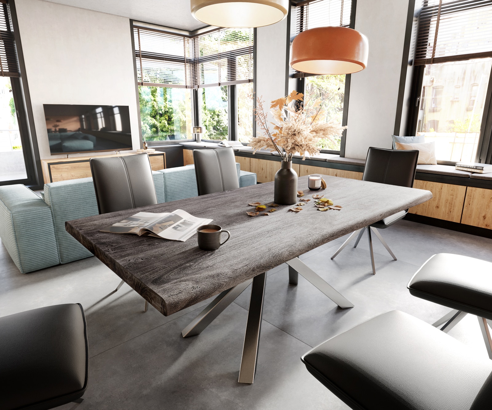 Esstisch Edge 200x100 XL Akazie Platin Kreuzgestell Rechteck Edelstahl Live-Edge Esstisch Edge 200x100 XL Akazie Platin Kreuzgestell Rechteck Edelstahl Live-Edge