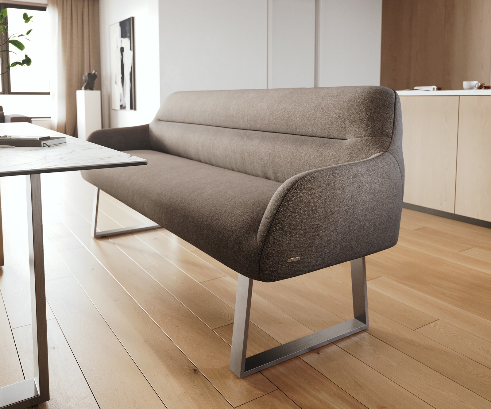 Esszimmerbank Taya-Flex 200 cm Strukturstoff Soft Taupe Kufengestell kantig Edelstahl Taschenfederkern 5