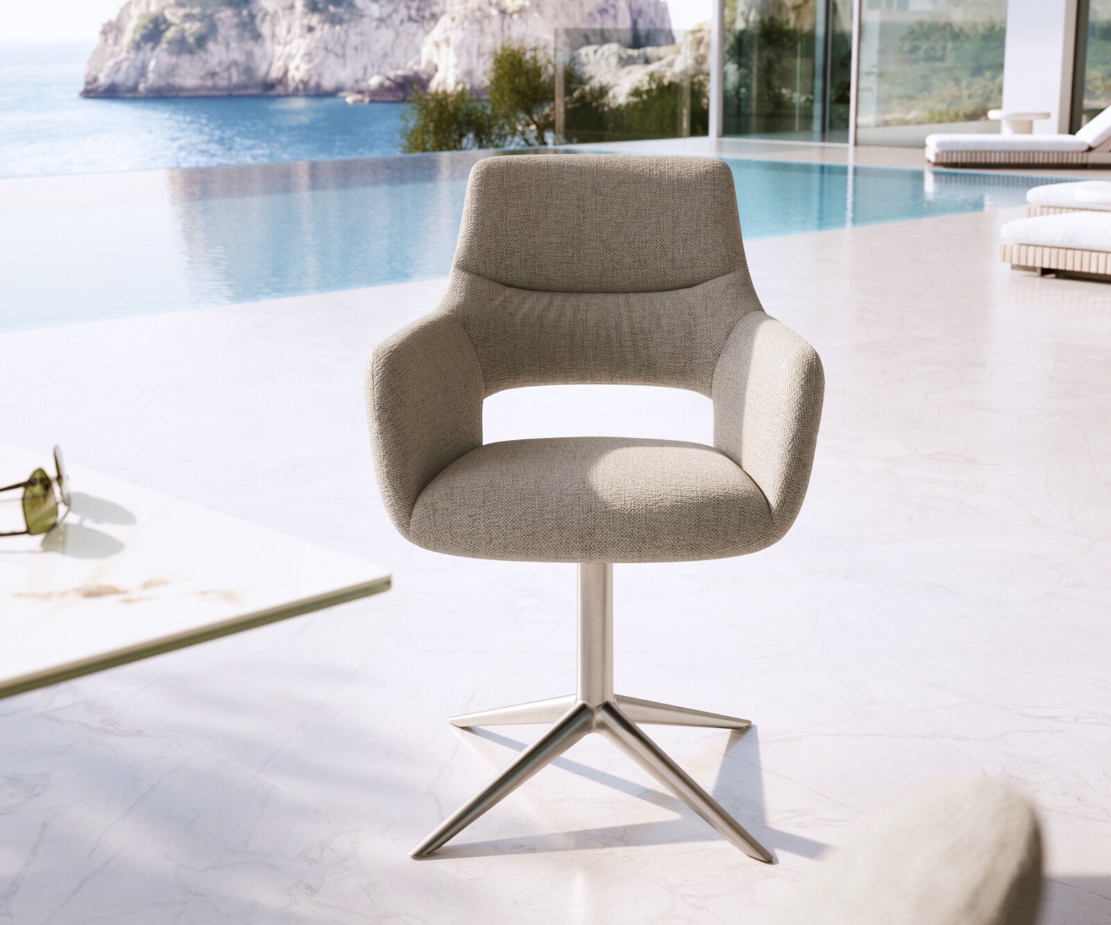 Outdoorstuhl Yago-Flex mit Armlehnen Strukturstoff Grau-Weiß Fußkreuz Edelstahl 360° drehbar Wippfunktion 1