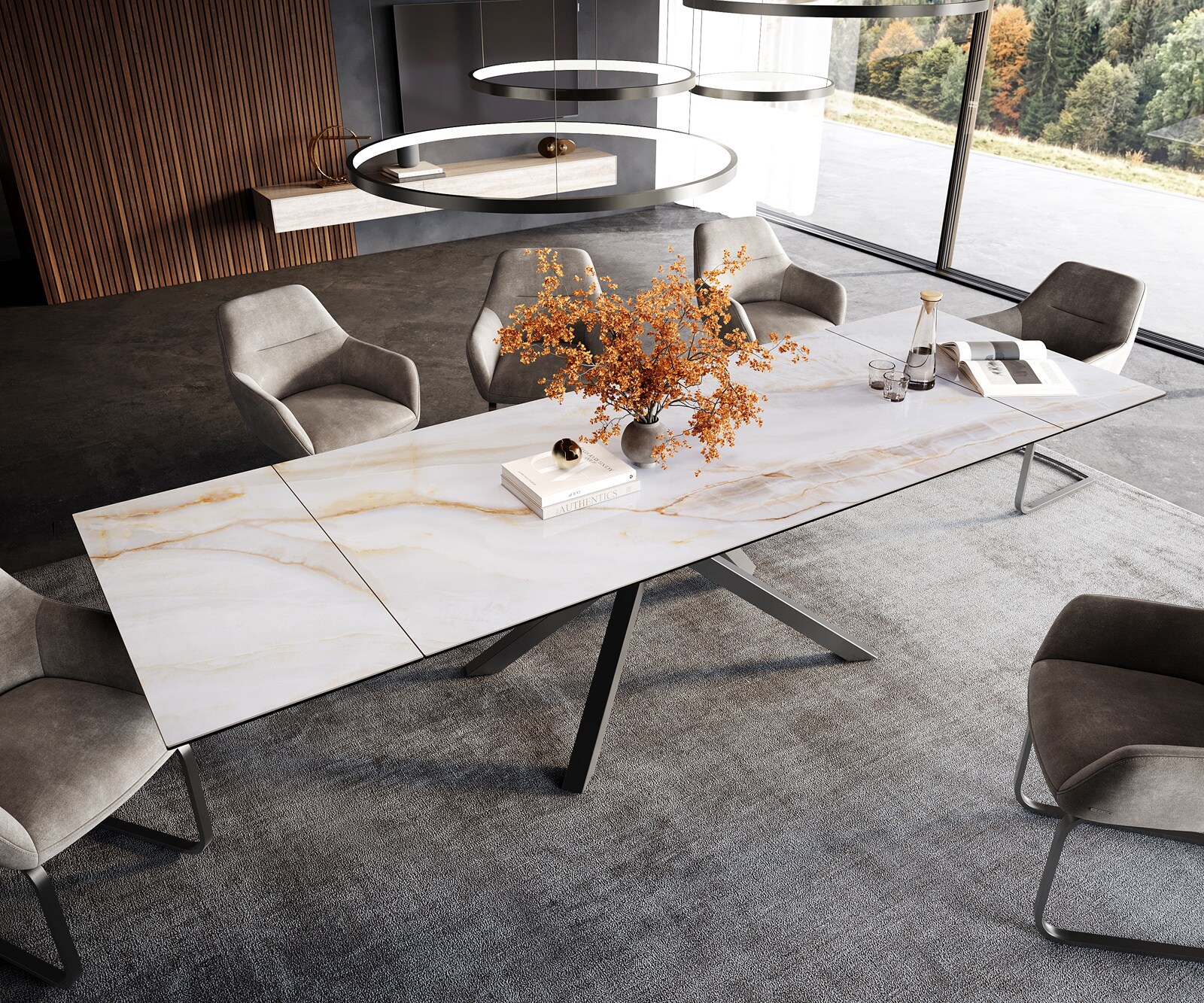 Esstisch Edge 200-300x100 cm Keramik Onyx Pearl Kreuzgestell Rechteck Edelstahl Graphit ausziehbar 4