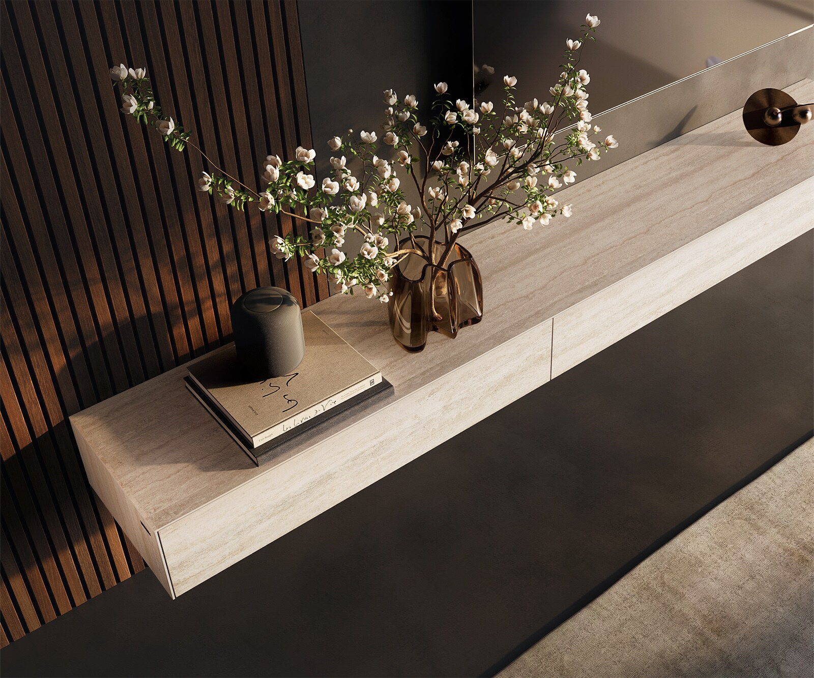 Lowboard Cuor 250 cm Keramik Laminam® Travertino Bianco Creme-Weiß 1 Klappe 1 Schubfach Schwebend 4