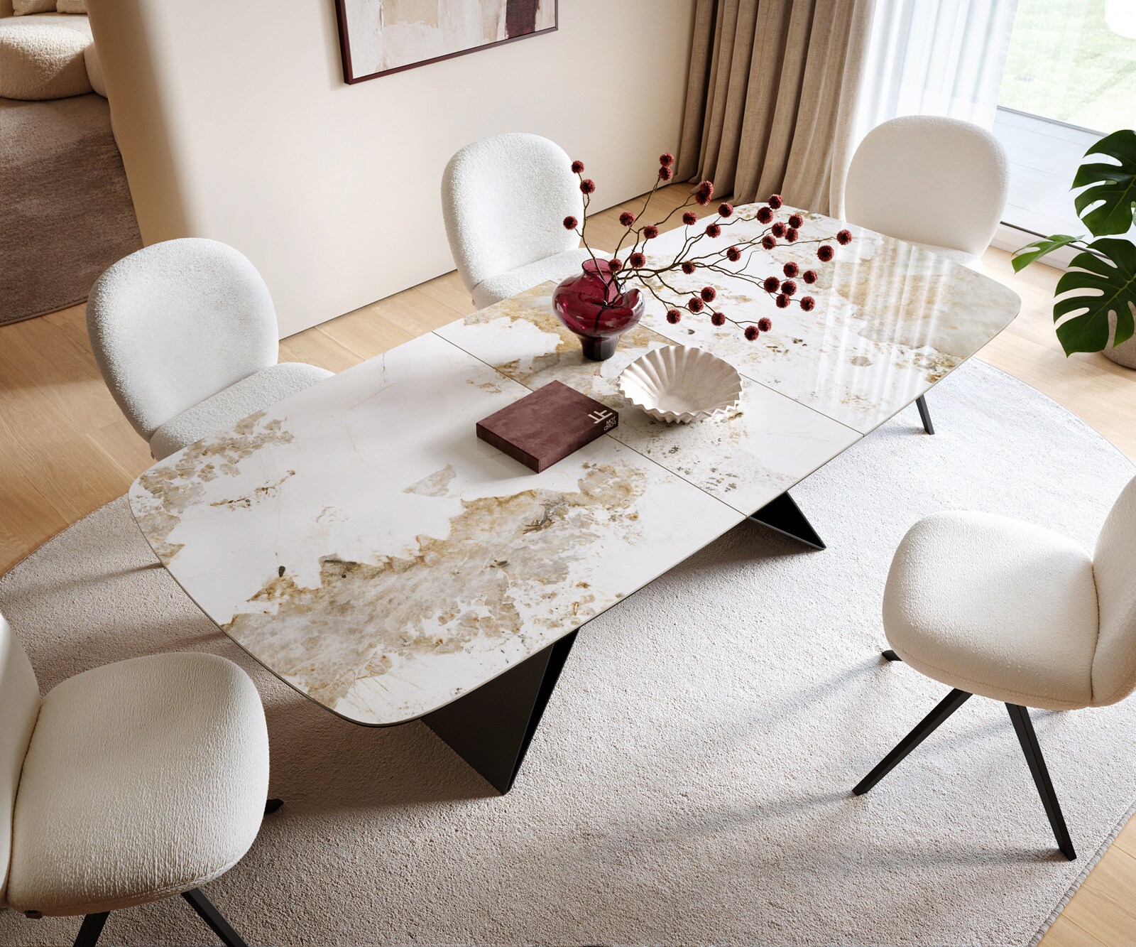 Esstisch Edge Boot 180-220x100 cm Keramik Minas Melange Weiß-Beige V-Gestell Flachstahl Schwarz ausziehbar 3