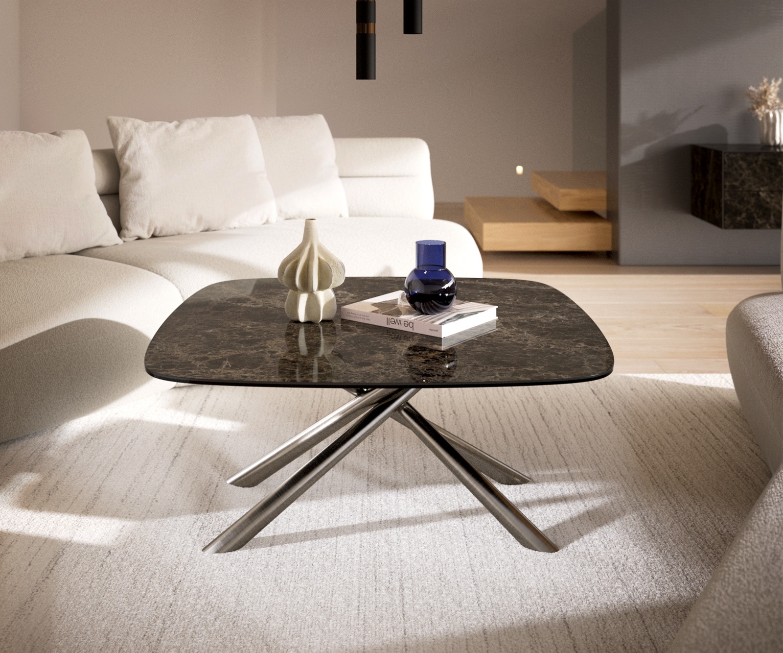 Couchtisch Edge Boot 90x90 cm Keramik Emperador Extra Lucidato Dunkelbraun Sarity Edelstahl gebürstet 1