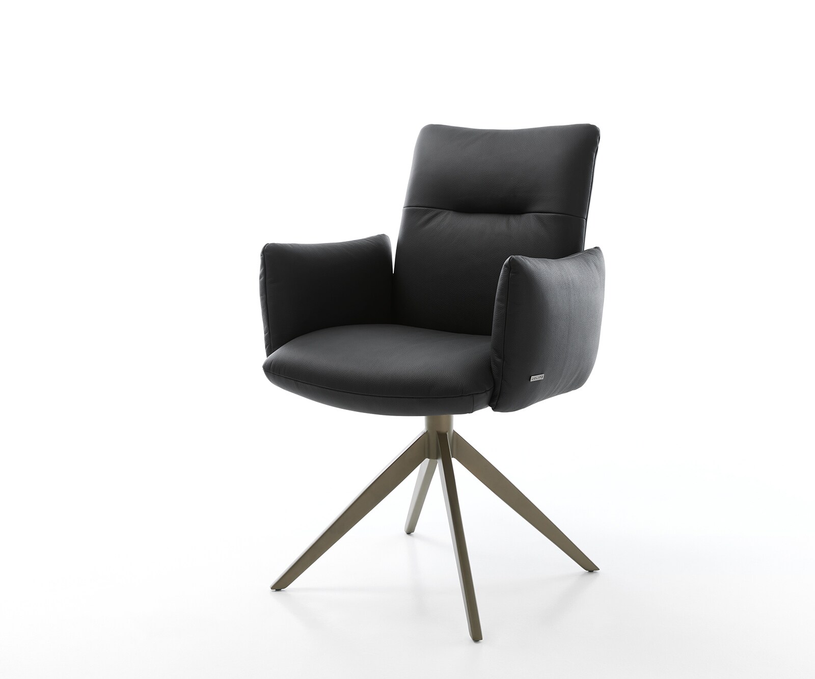 Drehstuhl Jova-Flex mit Armlehnen Echt-Leder Schwarz Kreuzgestell breit Effektfinish Titan 360° drehbar Taschenfederkern