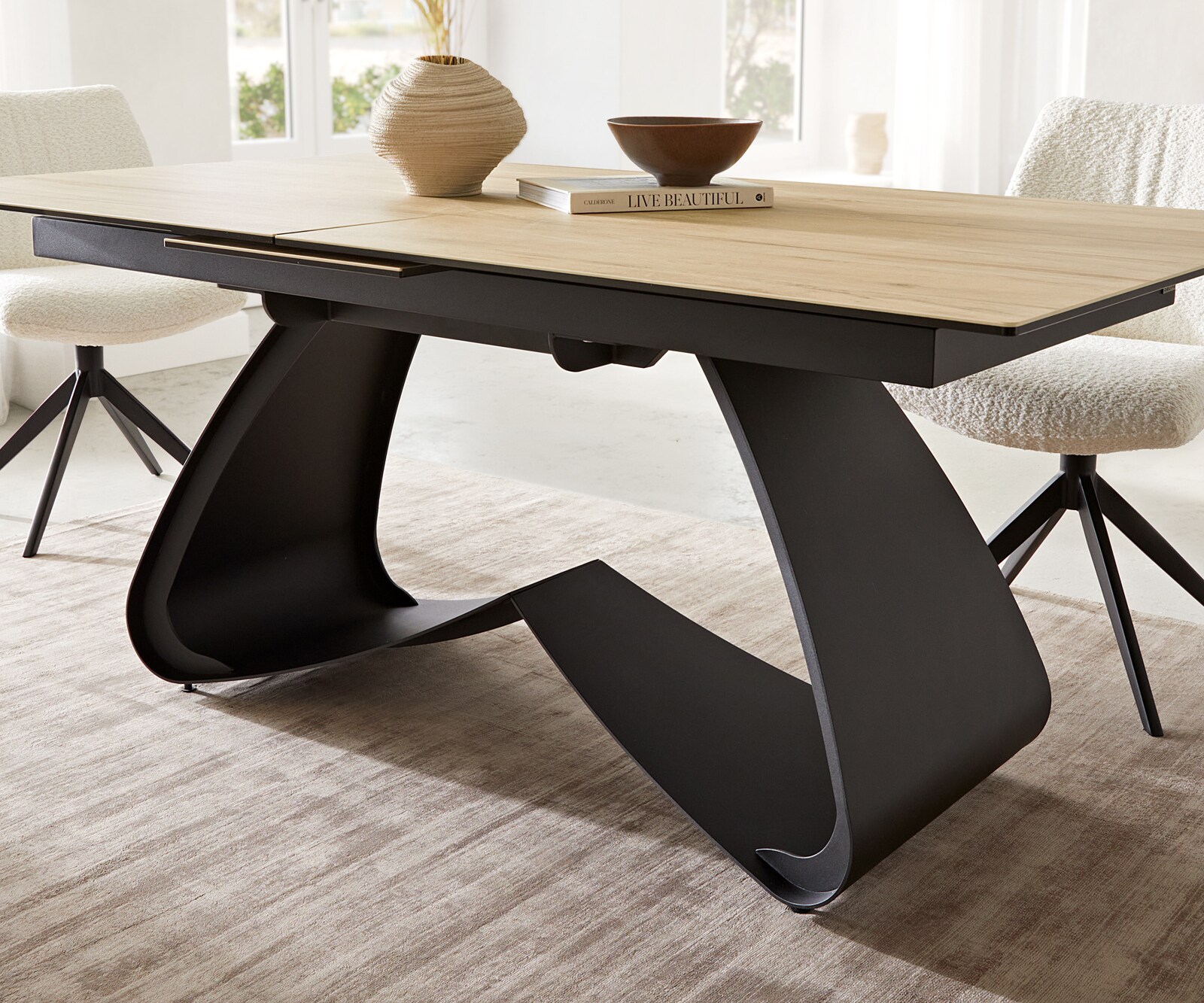 Esstisch Edge 180-220x100 Keramik Laminam® Sabbia Eichefarbig W-Gestell Schwarz ausziehbar 7