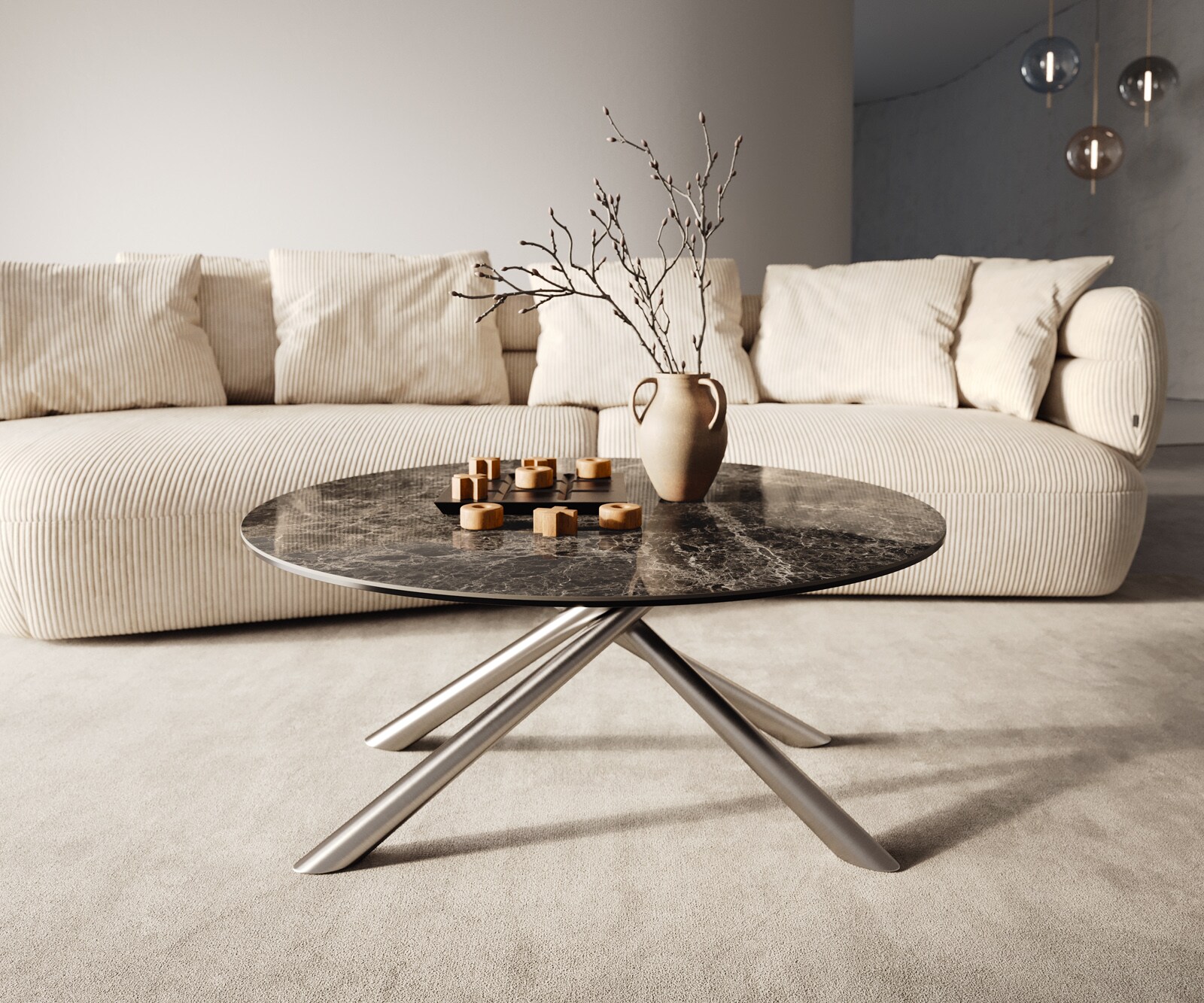 Couchtisch Edge Rund 90x90 cm Keramik Laminam® Emperador Extra Lucidato Dunkelbraun Sarity Edelstahl gebürstet 5