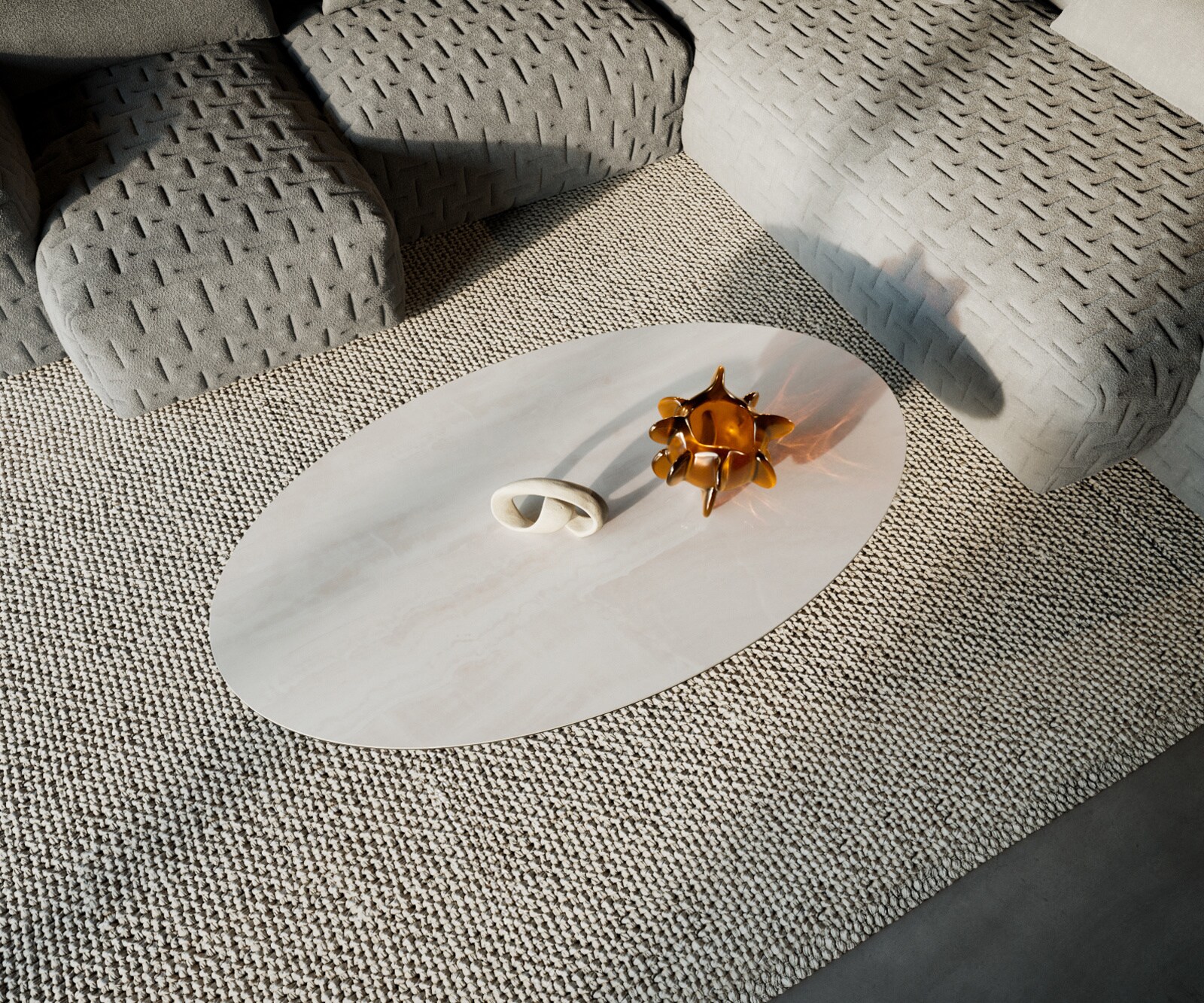 Couchtisch Edge Oval 140x80 cm Keramik Onyx Champagne Ovada Effektfinish Titan 5