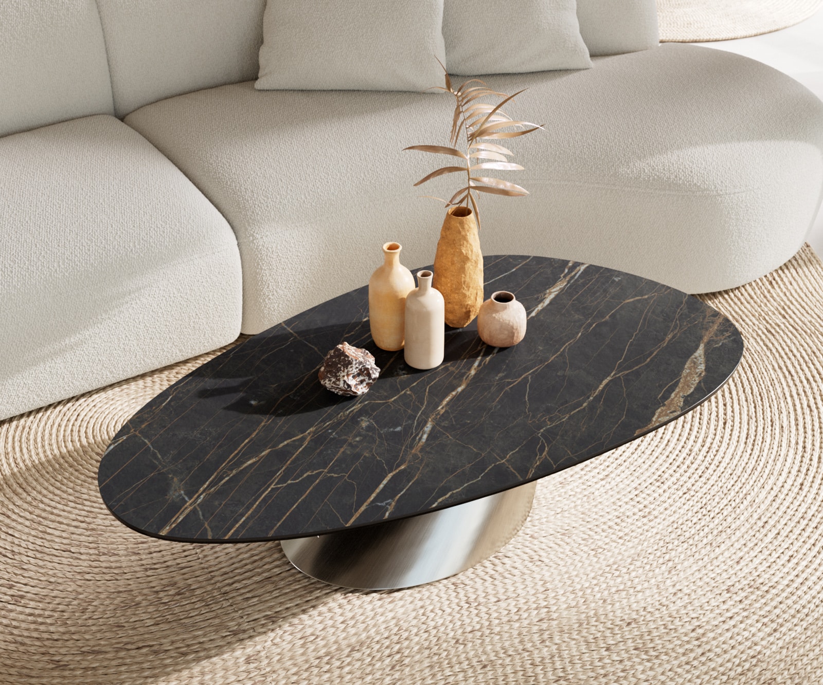 Wohnzimmertisch Edge Oval 140x75 cm Keramik Laminam® Noir Desir Braun Conis Edelstahl gebürstet